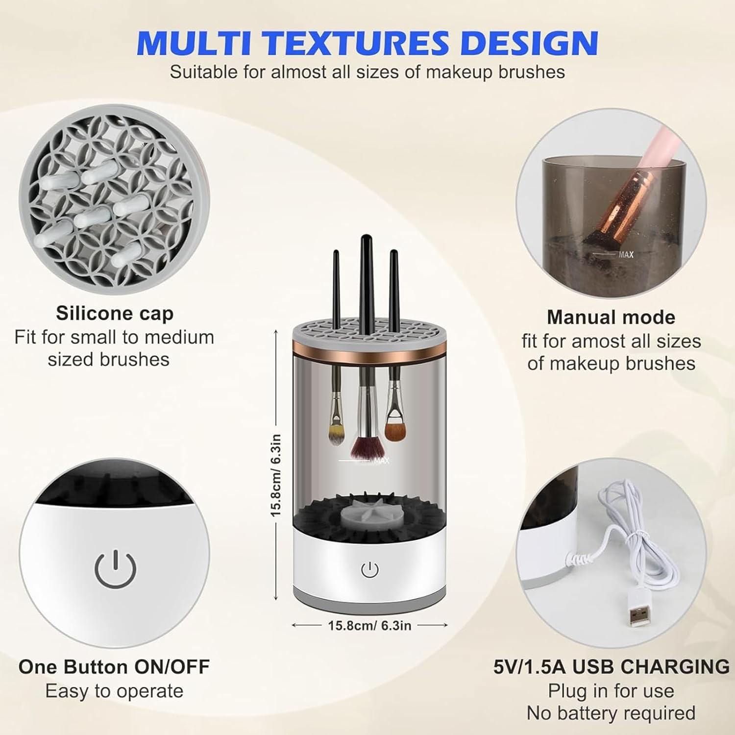 Annuoyi Electric Makeup Brush Cleaner,Automatic Spinning Cosmetic Brush Cleaner Machine with Brush Clean Mat USB Charging,For All Size Beauty Makeup Brushes Set image number 5