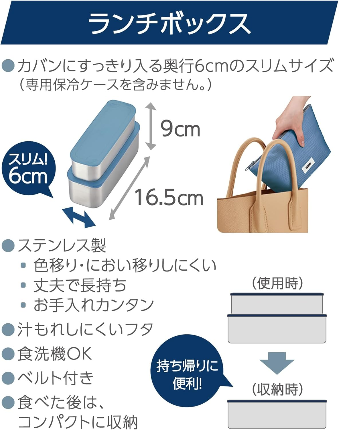 Thermos DSA-605W GNV 2-Tier Slim Fresh Lunch Box, 21.8 Fl Oz (635 Ml), Gray Navy - Yellow Pink image number 3