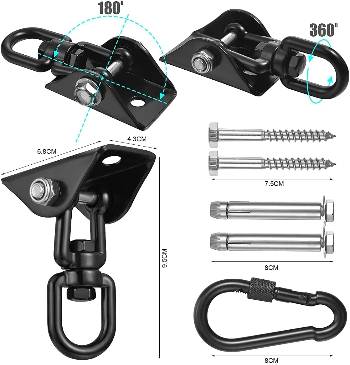 Hammock Hanging Kit,360&deg;Rotating 1200 Lb Capacity Heavy Duty,Hanger & Swing Hook Snap for Concrete Wood,Hammock,Veranda Seat,Chair,Swing Sets,Yoga and Gym（Without Chain ） - Black+Chain image number 3
