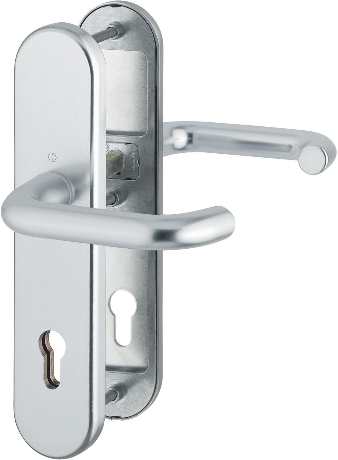 HOPPE Paris Front Door Handle Set DIN Standard Distance 92 Mm Silver Anodised Long Plate Profile Cylinder for Door Thickness 77-82 Mm without Core Pull Protection Test: RC2 According to EN 1906, 1 image number 1