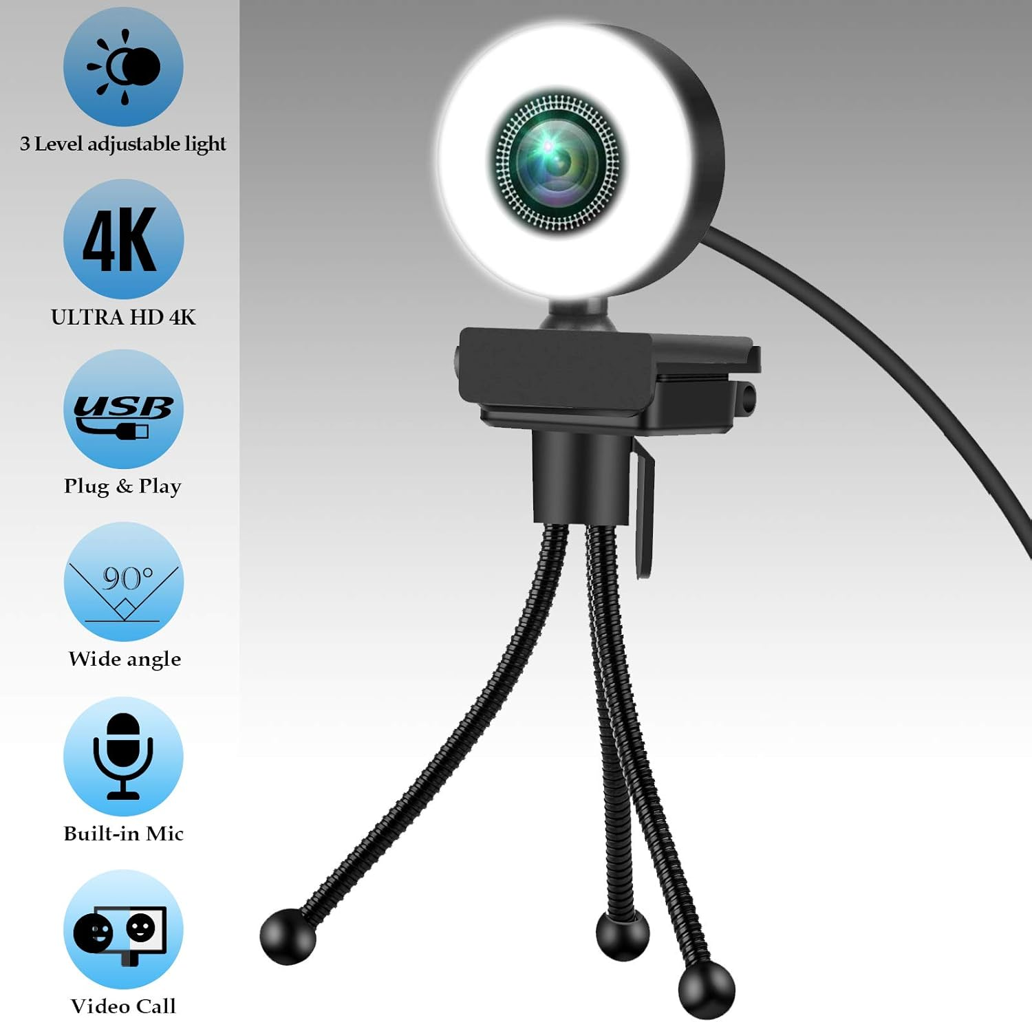 4K HD PC Webcam for Streaming HD 1080P, Jfmshop 960C USB Pro Computer Web Camera Video Cam for Mac Windows Laptop Conferencing Gaming with Microphone & Adjustable Ring Light & Tripod Stand image number 3