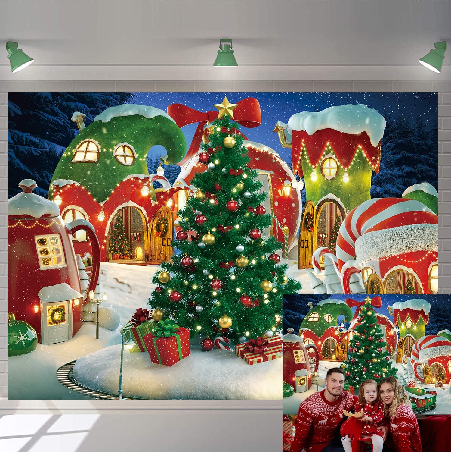 Cartoon Christmas Village Photography Backdrop Winter Snow Pine Tree Background Xmas Fairy Tale Animated Kid Party Photo Booth Banner Supplies (8X6) image number 3