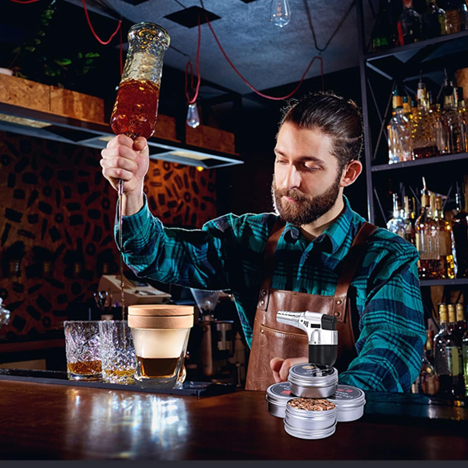 Roseflower Cocktail Smoker Kit with Torch, Old Fashioned Bourbon Drink Smoker Infuser Kit Meat Cheese Salad with 4 Flavors Wood Chips, Ideal Gifts for Whiskey Lovers, Dad, Husband, Men, Ice Cube*6