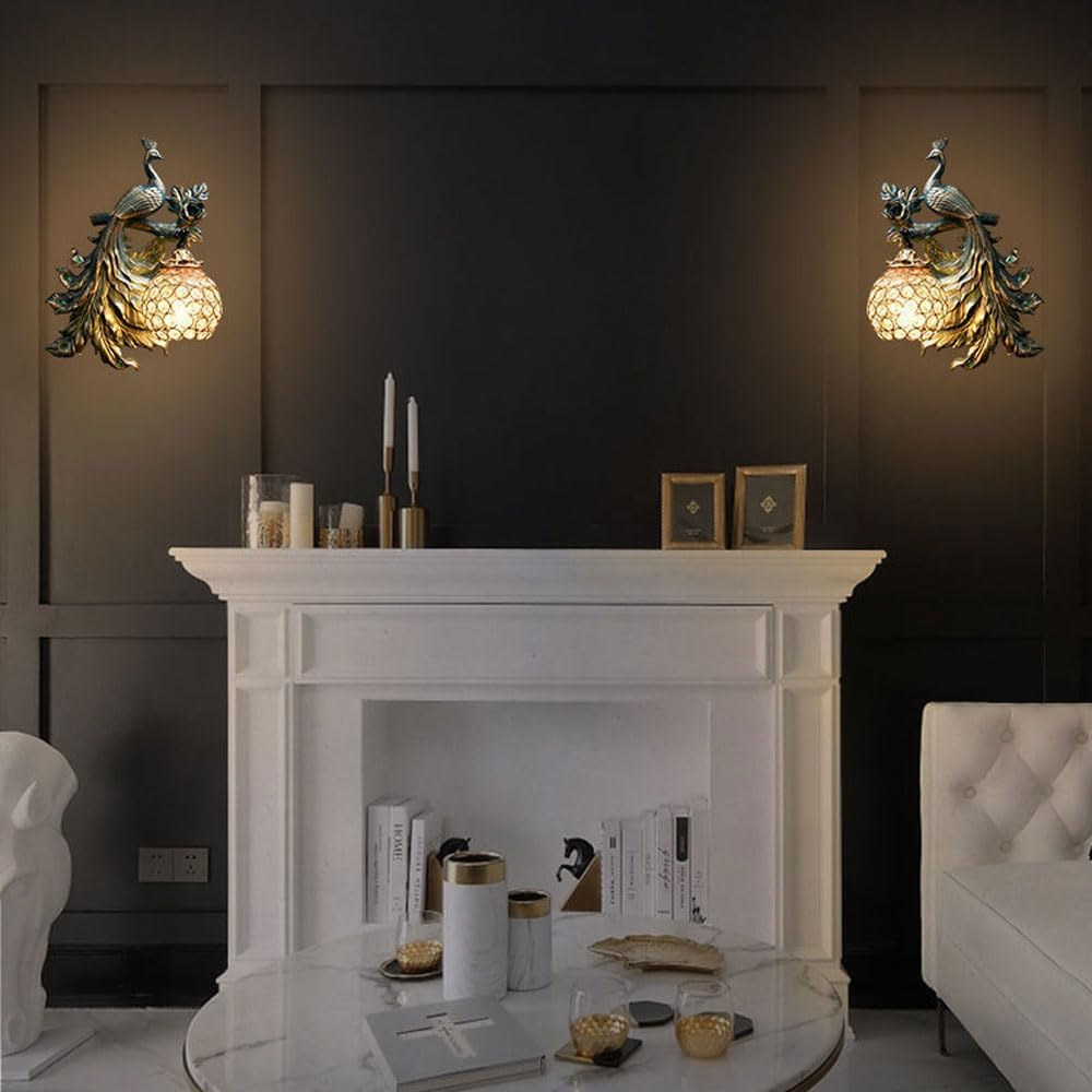 Peacock Wall Sconce Resin Wall Mount Light Crystal Globe Wall Lamp Fixture, Vintage Peacock Sconces Wall Lighting Fixture European Style Wall Lamps for Farmhouse Restaurant XXZ