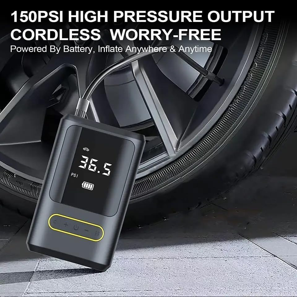 Tire Inflator Portable Air Compressor, 150Psi Portable Tire Air Pump for Car Bicycle Motorcycle, Compact Cordless Air Inflator with Digital Tire Pressure Gauge and LED Light