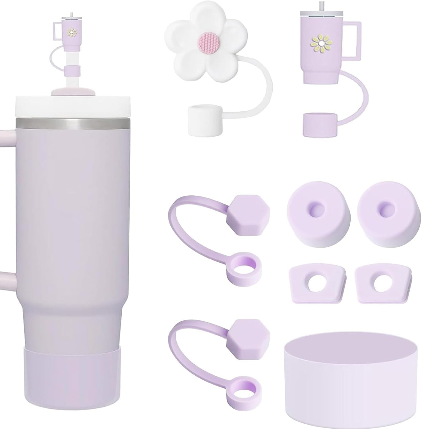 Spill Stoppers Set for Stanley Cup Accessories 7 Pcs Silicone Set Including 4 Pcs 10 Mm Straw Cover Cap 2 Pcs Leak Stoppers 1 Pcs Protective Boot for Stanley 20Oz 30Oz 40Oz Tumbler (White)