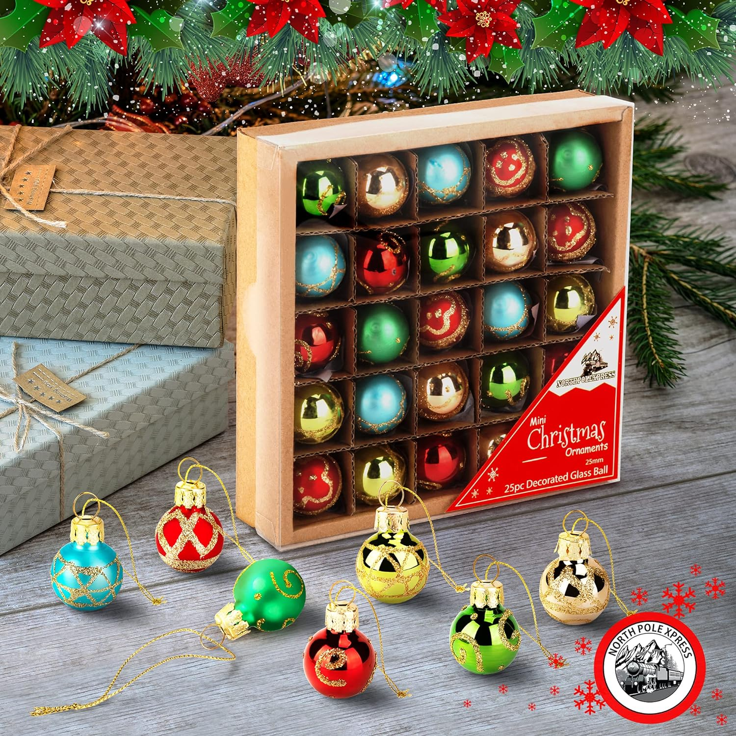 1 Inch Mini Vintage Multi Color Glass Ball Christmas Ornaments Set of 25 Balls | Miniature Christmas Tree Ornaments | Rustic Christmas Decorations | Mini Christmas Tree Decorations for Small Trees image number 2