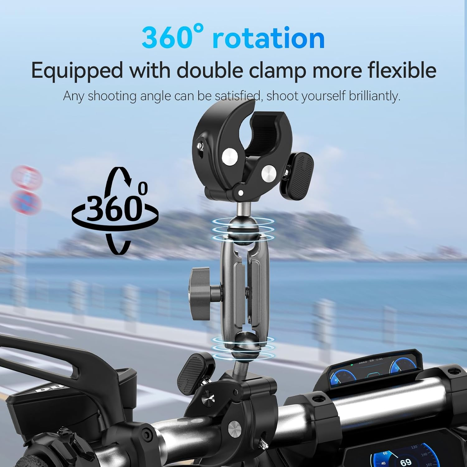 Aluminum Dual-Ball Clamp Mount for Motorcycle Bicycle Bike Extension Rod Selfie Stick Pole Clamping Mounting Accessories Compatible for Go Pro Insta360 DJI Action Osmo 360 (Dual-Ball Clamp Mount) image number 2