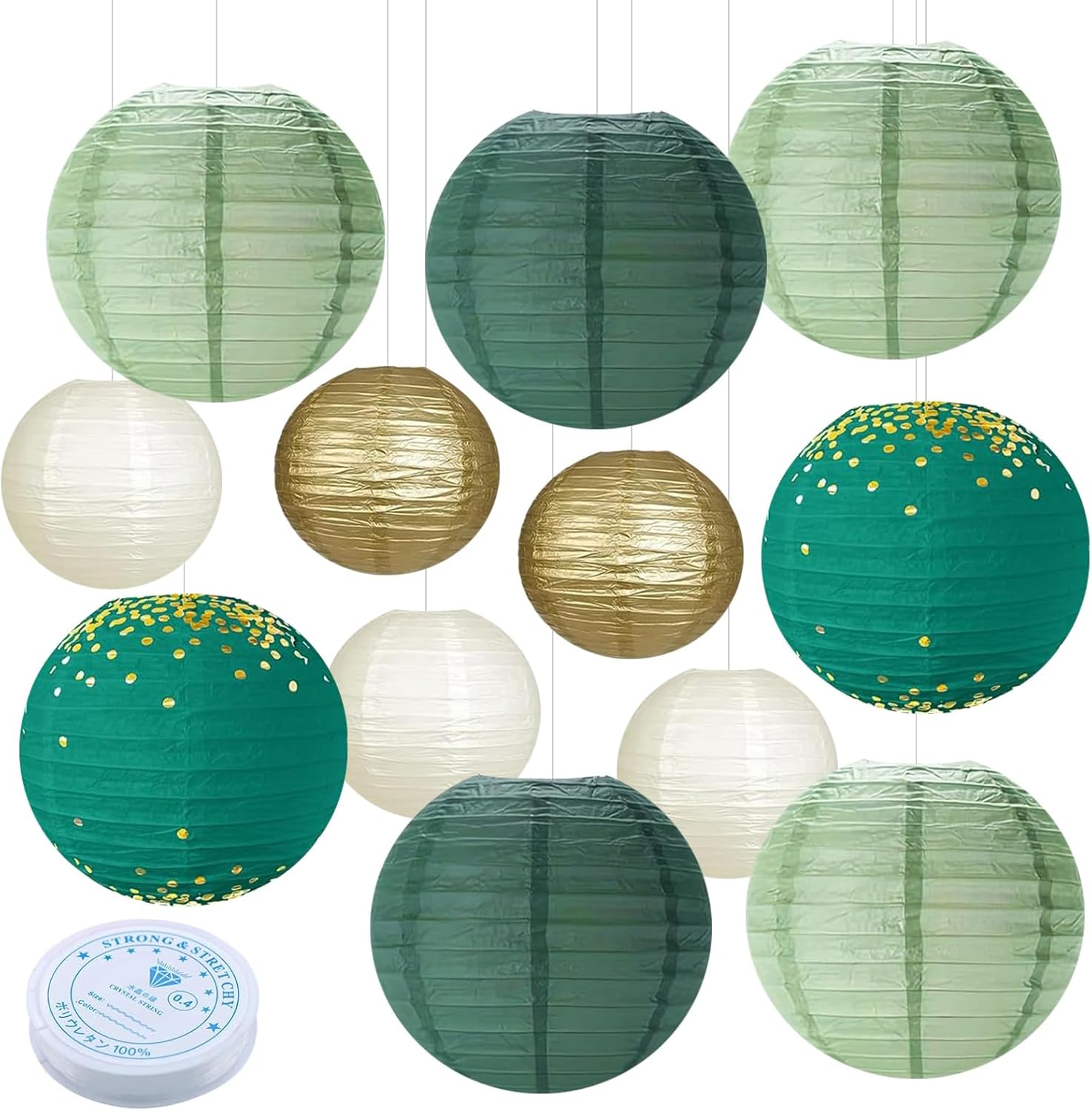 Pack of 12 Paper Lanterns, Green Gold, Sage Green Paper Lantern with 50 M Fishing Line, round Hanging Paper Lanterns, Party Decoration, Paper Lantern for Wedding, Garden Party (Diameter 20 Cm/25 Cm/30 image number 4