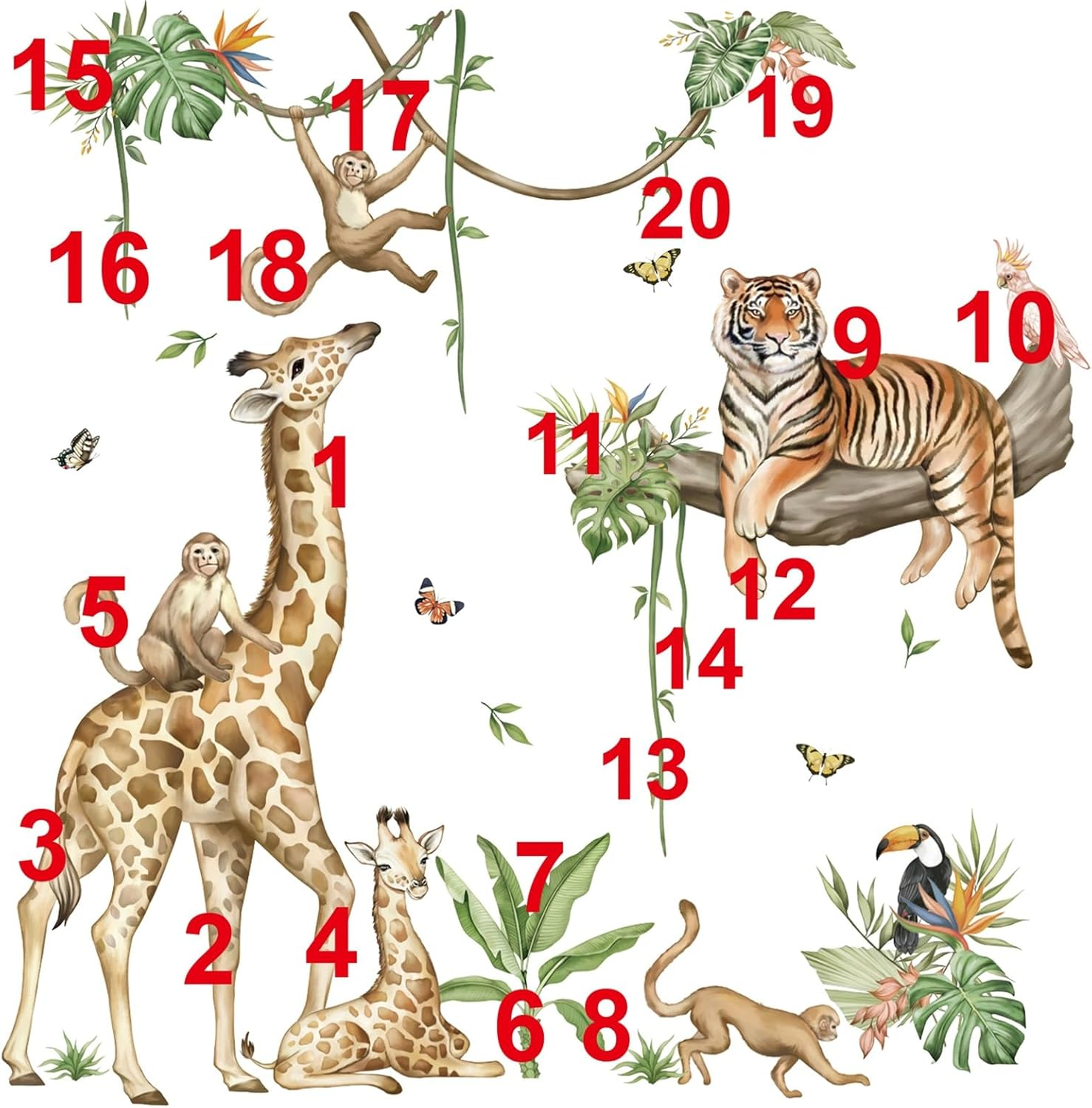 Wondever Large Jungle Animal Tree Branch Wall Stickers Safari Giraffe Tiger Monkey Peel and Stick Wall Art Decals for Baby Nursery Kids Bedroom Playroom image number 2