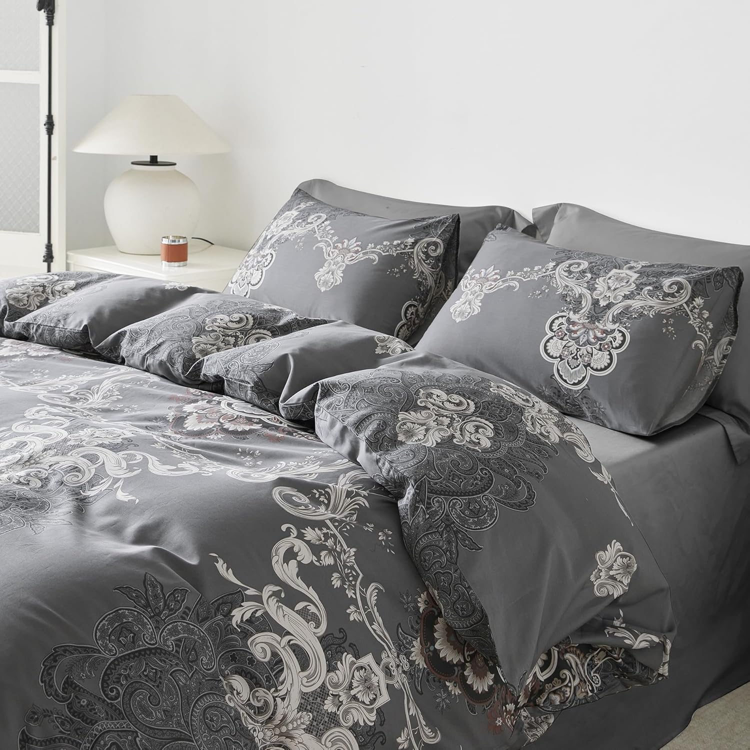 Yuheguoji 100% Egyptian Cotton 3 Pieces Duvet Cover Set Modern Printed Pattern Bedding Set 1 Duvet Cover with Zipper Ties 2 Pillow Cases Luxury Quality Soft Breathable Comfortable Durable Easy Care, Cotton, Grey Paisley, King image number 5