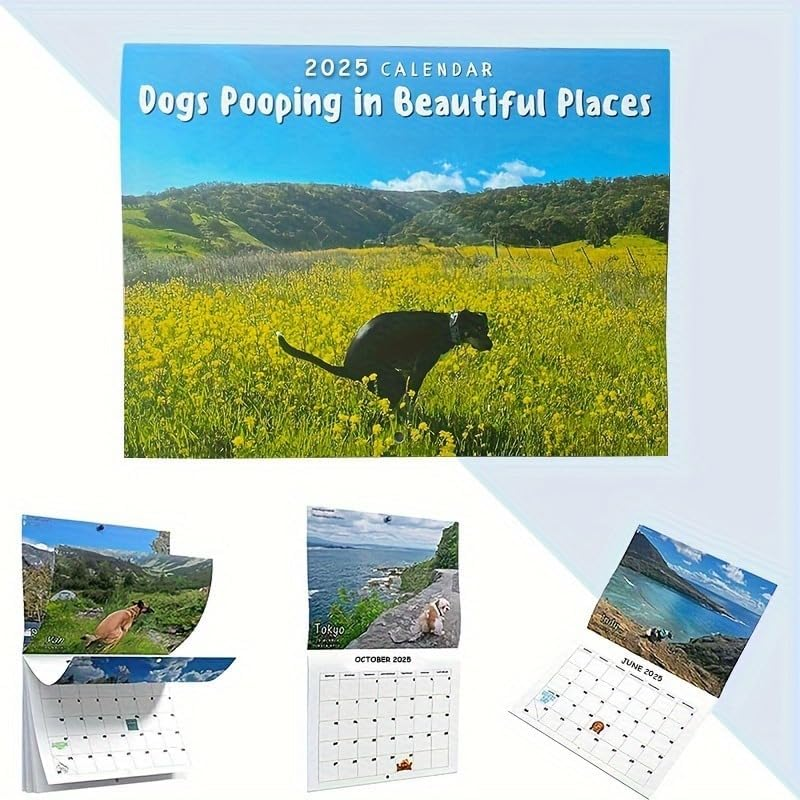 2025 Dogs Pooping in Beautiful Places Wall Calendar - Laminated, Everyday View, Humorous Canine Defecation in Scenic Settings, Monthly Grid Pages, Full-Year Planner image number 2