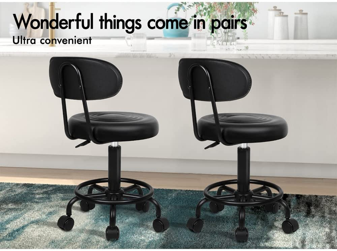 ALFORDSON Salon Stool round Swivel Drafting Rolling Stools in 47.5-62Cm Height Adjustable PU Leather Spa Stool with Footrest Wheels Backrest Hair Dress Barber Chair for SPA Massage (Declan All Black)