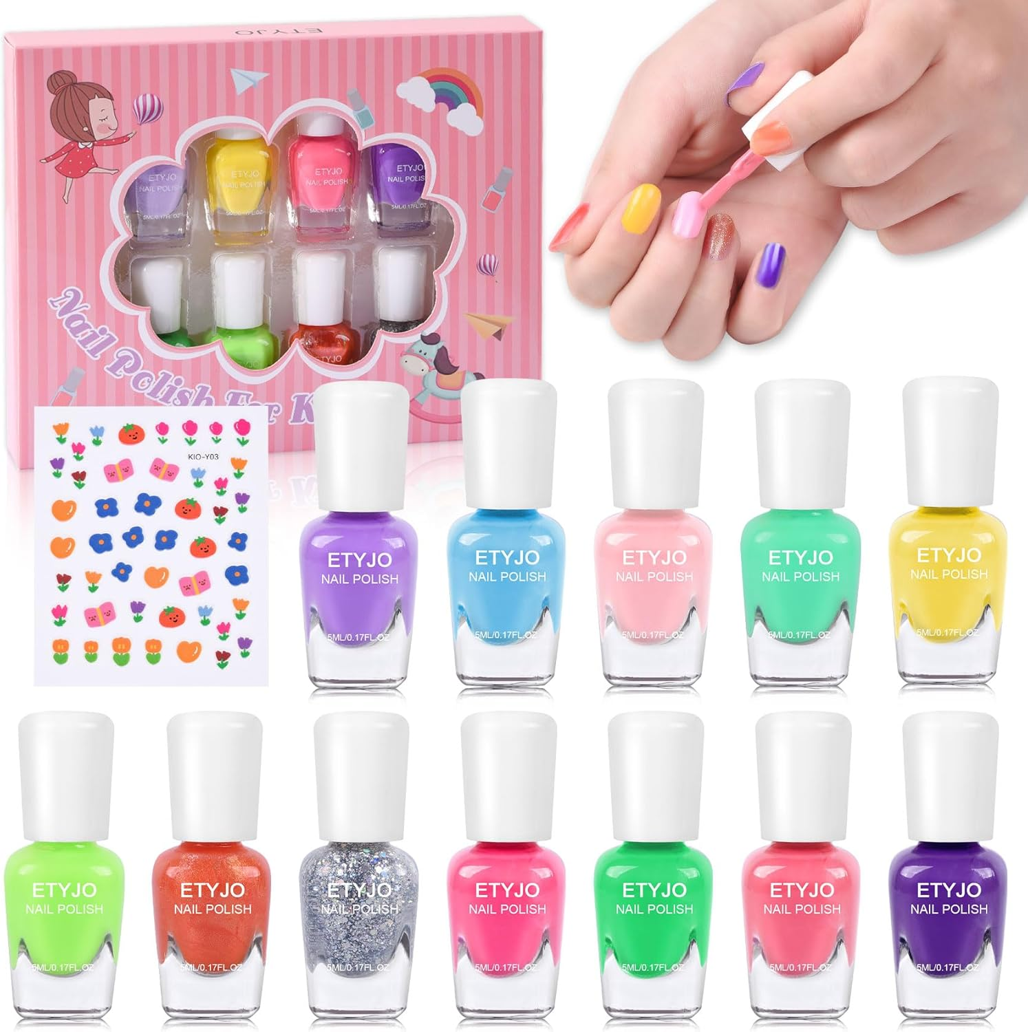 ETYJO Kids Nail Polish- Nail Polish Set for Girls Ages 3-12,12 Rainbow Colors Nail Polish Kit for Teens Child