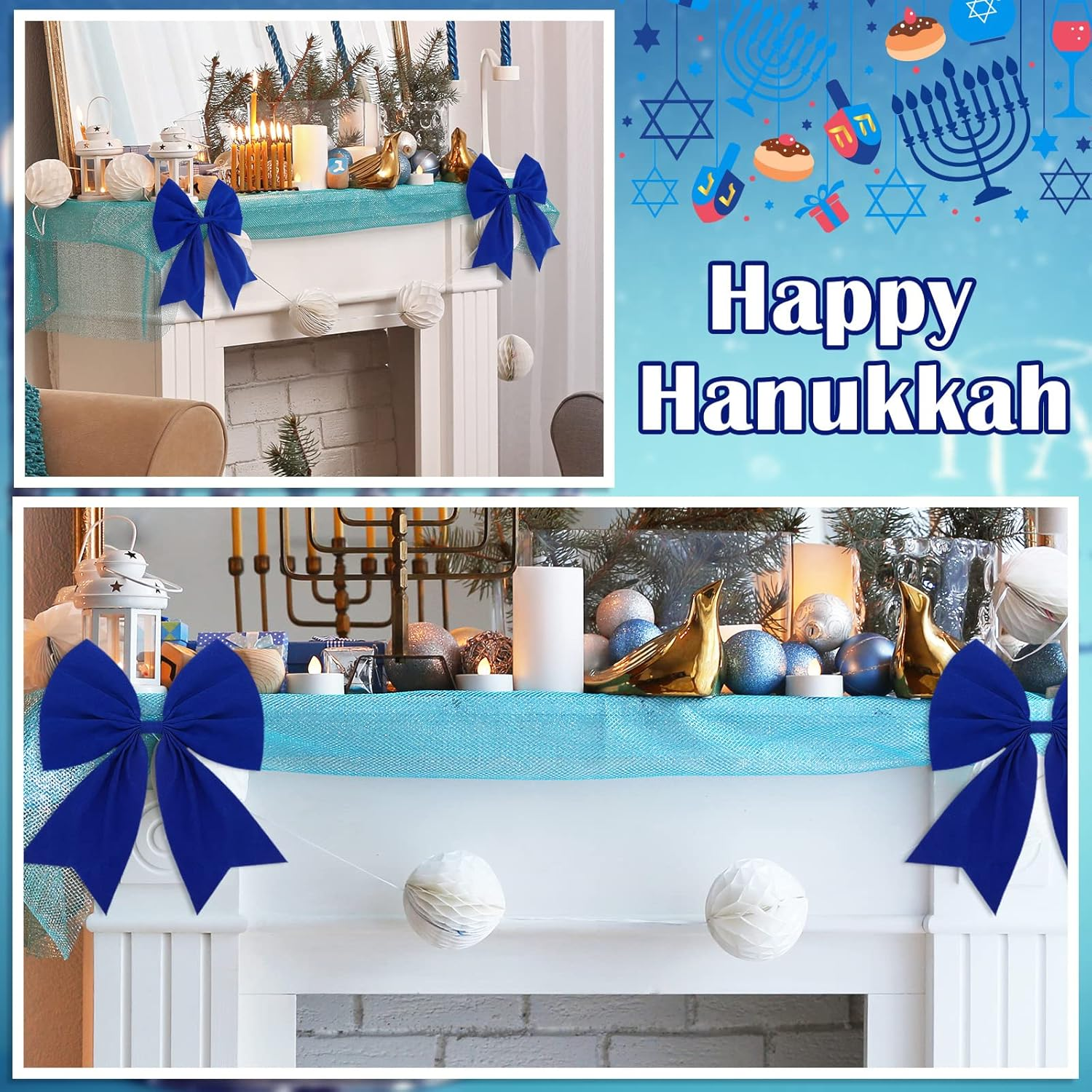 Giegxin 4 Pcs Large Christmas Wreaths Bows 9 X 10.6 Inch Christmas Tree Velvet Ornaments Bows Xmas Tree Topper for Xmas Holiday Home Outdoor Party Decoration(Blue) - Beige image number 2