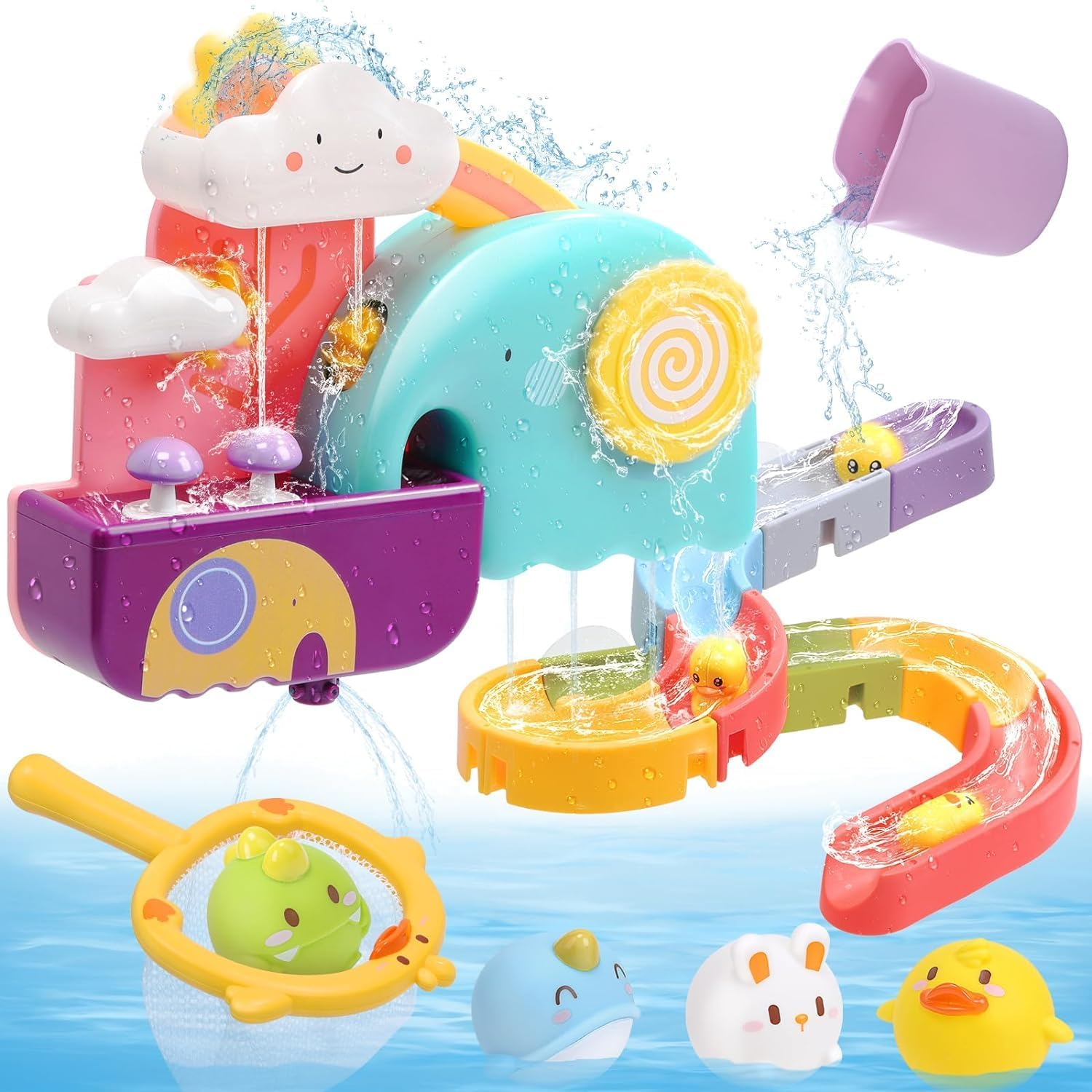 CUTE STONE Baby Bath Toys, Bathtub Toy W/ Water Slide Building Track, No Hole Floating Squirting Toys, Duck Fishing Net Game, Toddler Shower Toys, Water& Pool Toys, Educational Gifts for Boys Girls image number 2