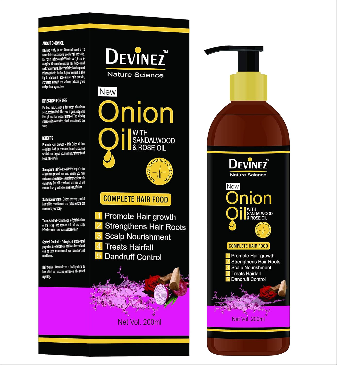 Devinez Onion Hair Oil Nourishing Hair Fall Care with Real Onion Extract to Control Intensive Hair Fall and Dandruff, 200Ml image number 2