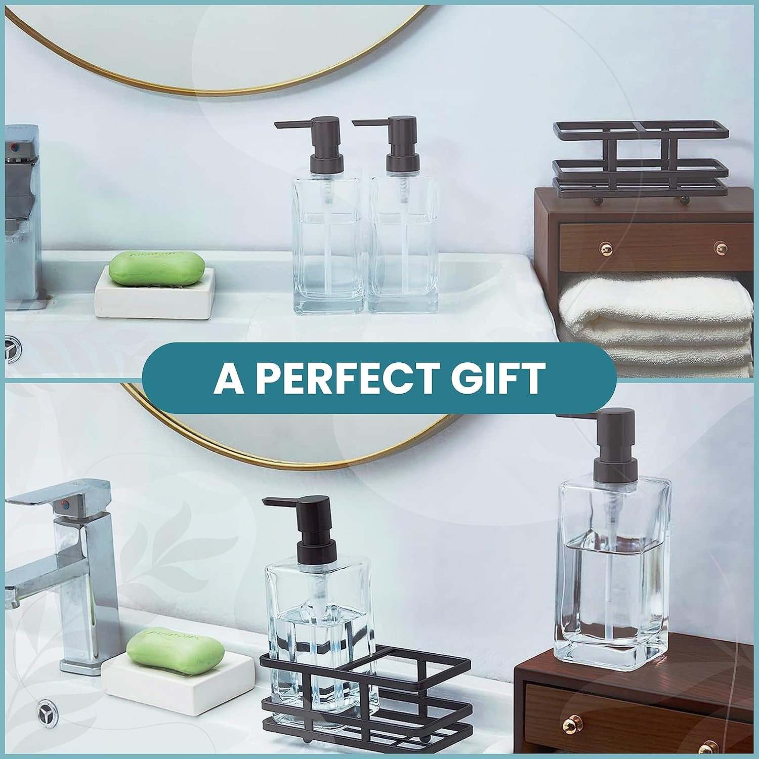 Square Glass Clear Lotion and Soap Pump Dispenser Set with Metal Stand Caddy for Bathroom Bath Kitchen Home Office Travel Hotel Hand Crafted Heavy Weight (Oil Rubbed Bronze) - Spa Blue image number 2