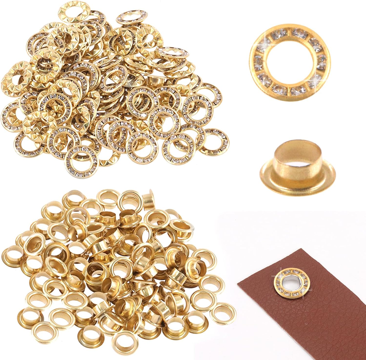 Rustark 100Pcs Gold 1/4 Inch Rhinestone Eyelet Grommet Eyelets and Grommets with Sparkling Design Metal Eyelet with Washer Hole Punch Shiny Rhinestone Boot Eyelet for Clothing Crafts DIY Projects