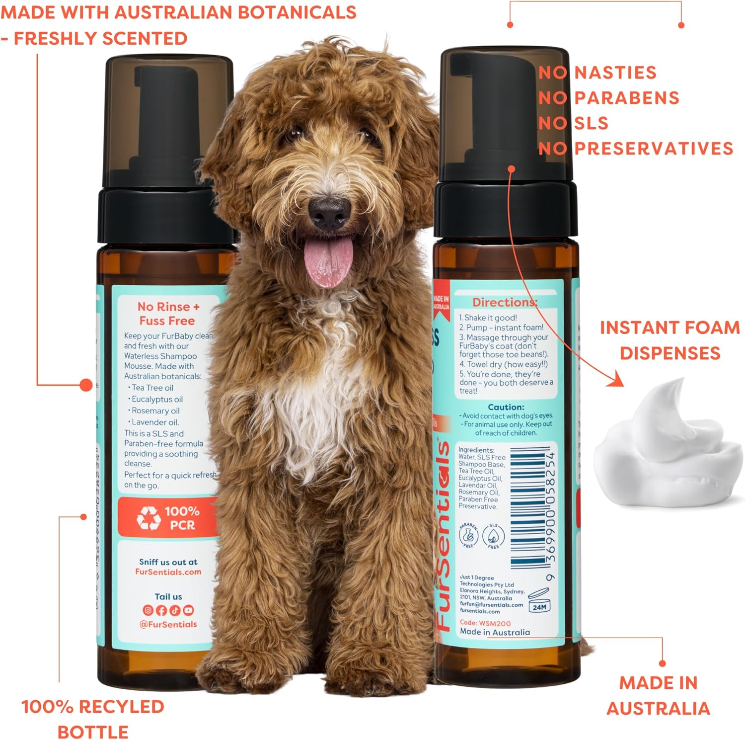 Waterless Shampoo Mousse for Dogs | Waterless Foam Shampoo for Dogs | No Rinse Waterless Shampoo Foam Made with Australian Oils, 200 Ml | by Fursentials image number 2