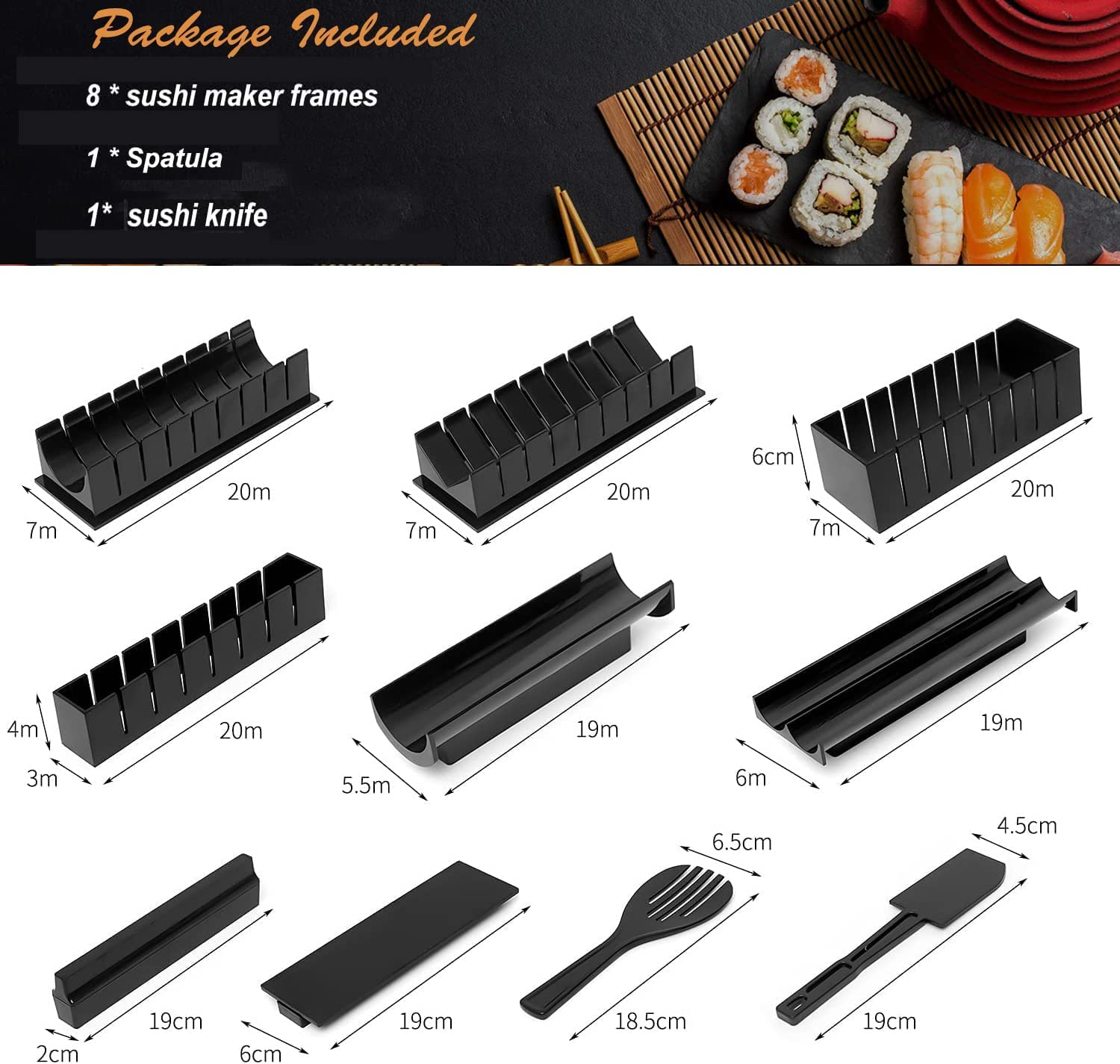 DIY Sushi Making Set - 10 PCS Production Kit with Rice Roll Mold Shapes and Fork, Premium Mold Maker for Maki Rolls, Easy and Fun for Daily Use (Black)
