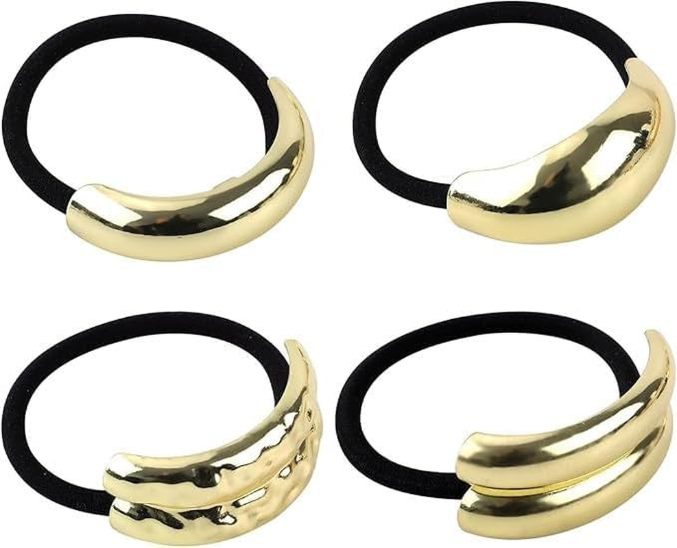 Gold Geometric Hair Ties, 4Pcs Metal Geometric Elastic Hair Ties Gold Hair Cuffs,Metal Hair Tie Ponytail Hair Cuff,Metal Geometric Elastic Hair Ties,Metal Geometric Elastic Hair Ties Gold Hair Cuffs image number 1