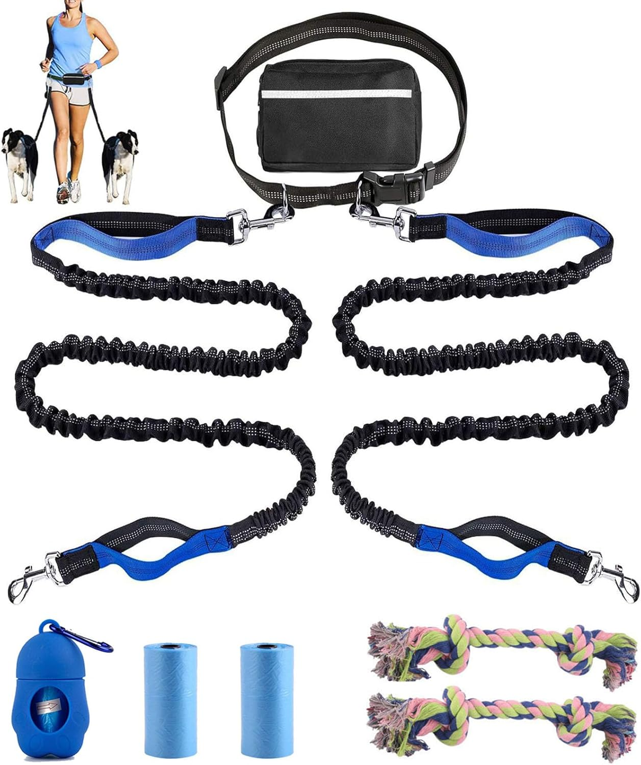 Hands Free Dog Leash,Double Dog Leash with Dog Poop Bags and Dog Rope Toy,Waist Leash for Dog Walking,Running Leash for Dogs image number 1