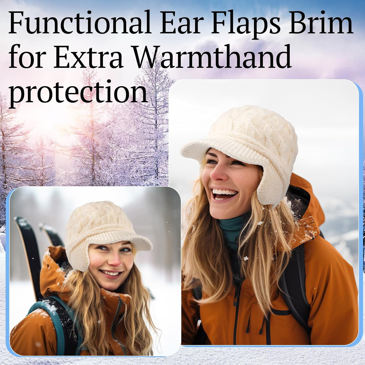 Jenaai Winter Beanie with Brim and Earflap for Woman Outdoor Warm Thermal Knitted Hat for Women Men Cold Weather Beige image number 3