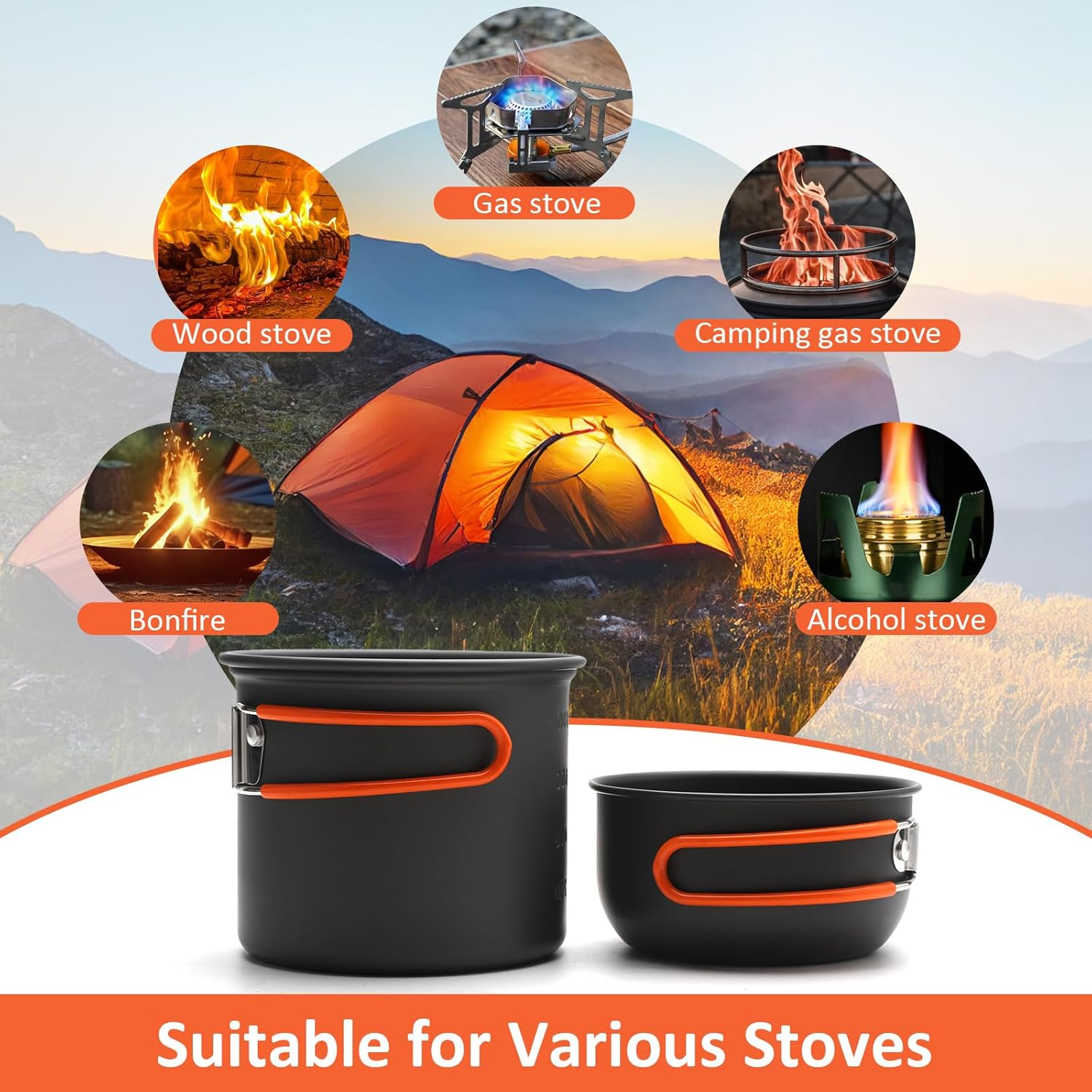 HENGBIRD 15-Piece Camping Crockery Set, Foldable Camping Cookware Set, Camping Pots Frying Pan with Stainless Steel Cutlery, Drinking Cup, Mini Camping Stove for Hiking, Outdoor Cooking, Picnick, 1-2 image number 4
