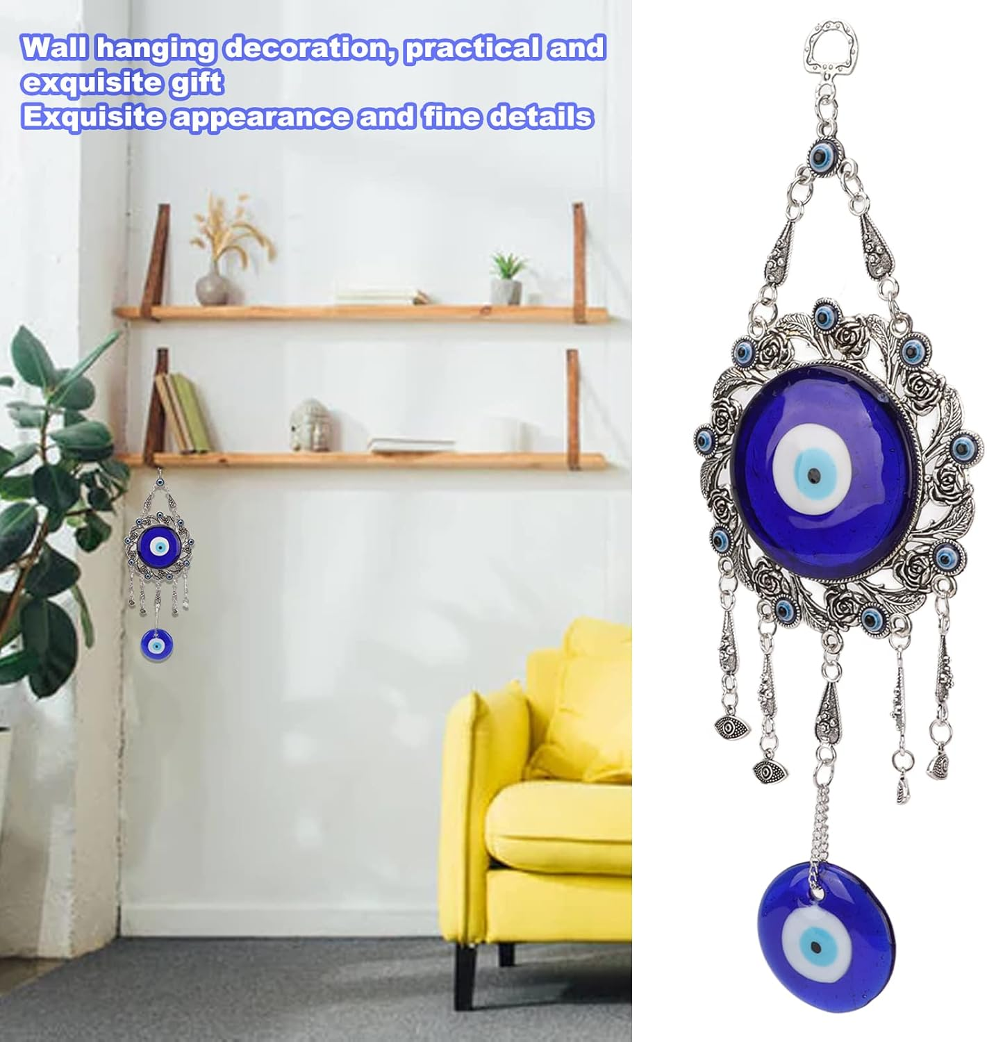 Turkish Glass Blue Evil Eye Wall Hanging Ornament, Hollow Flowers Wall Hanging Amulet, Delicate Blue Glass Metal Home Decor, Evil Eye Decor for Good Luck in the Office, Living Room, Bedroom(1#) image number 3