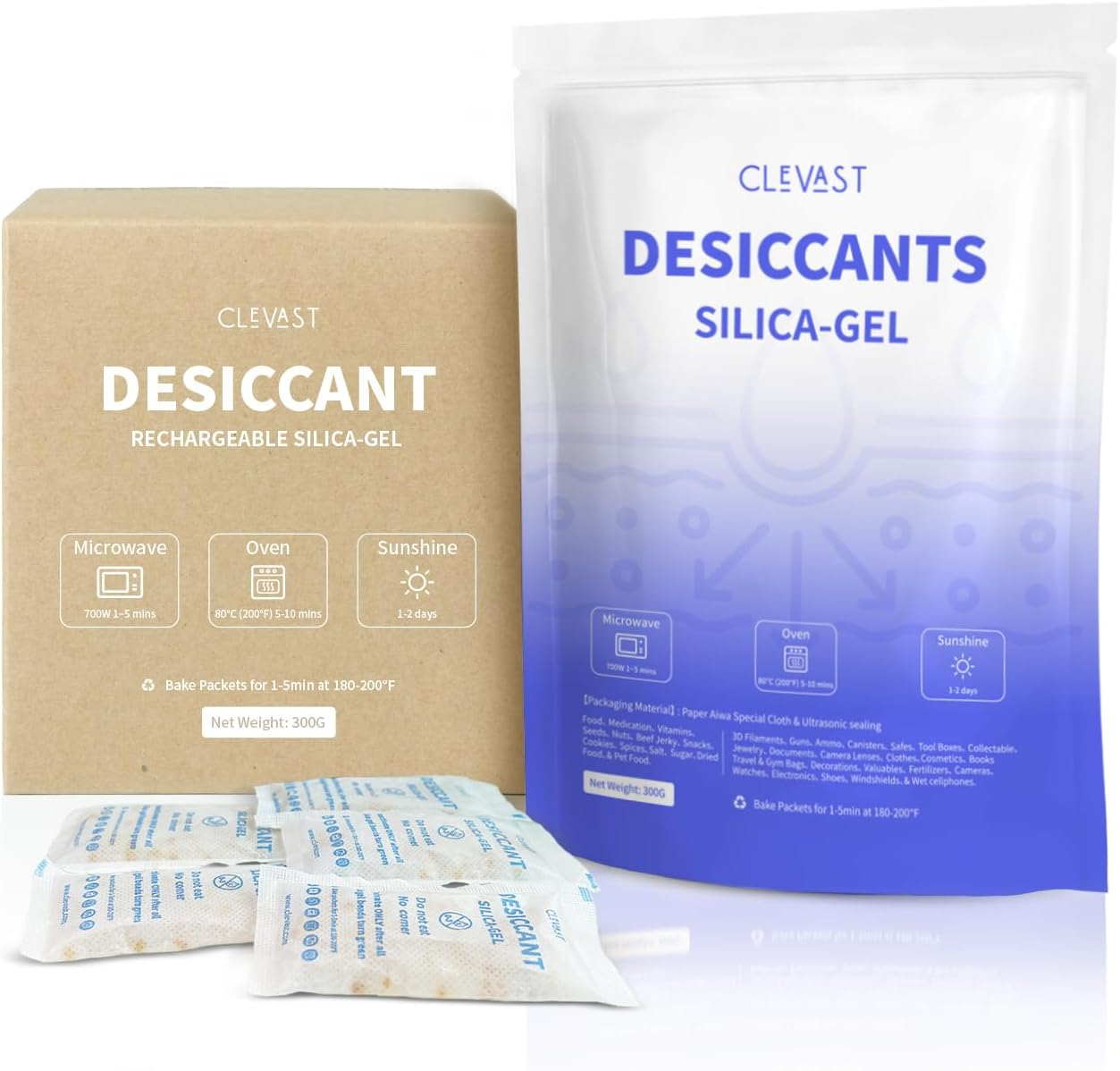 CLEVAST Silica Gel Packets Desiccant Packs for Storage 10 Gram 30 Packets, Silica Packets for Moisture Control, Food Grade Safe, Rechargeable Moisture Absorbers Dehumidifier for Spices Jewelry Storage image number 2