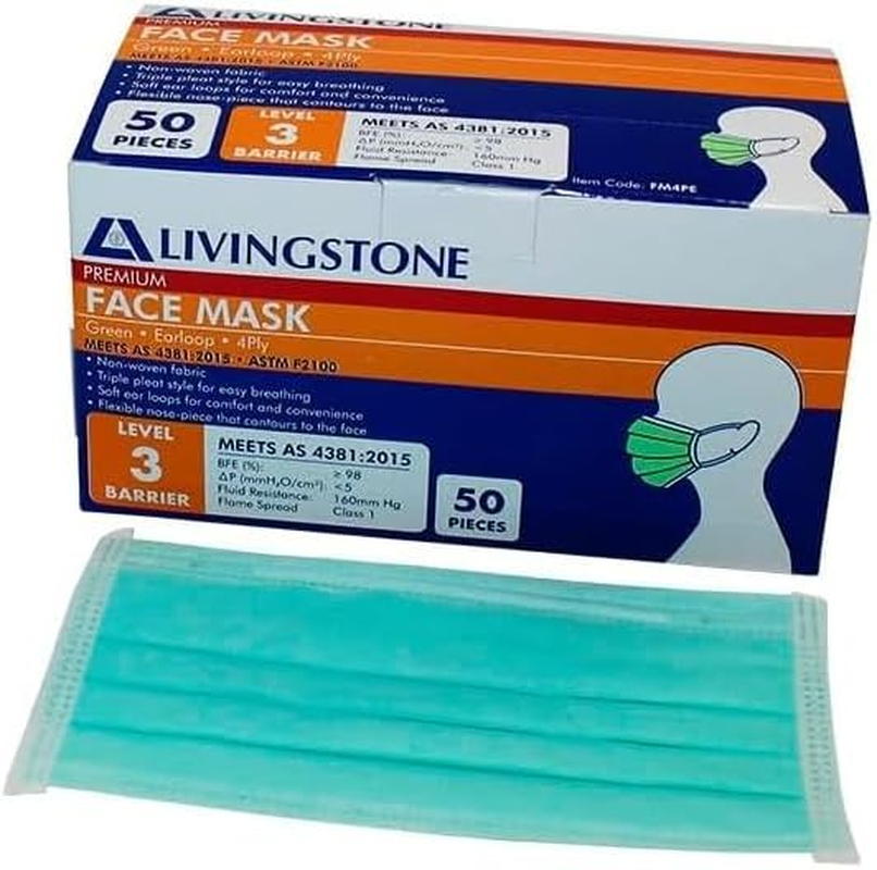 Livingstone Ear Loop Level 3 4-Ply Face Mask 50-Piece Set, Green