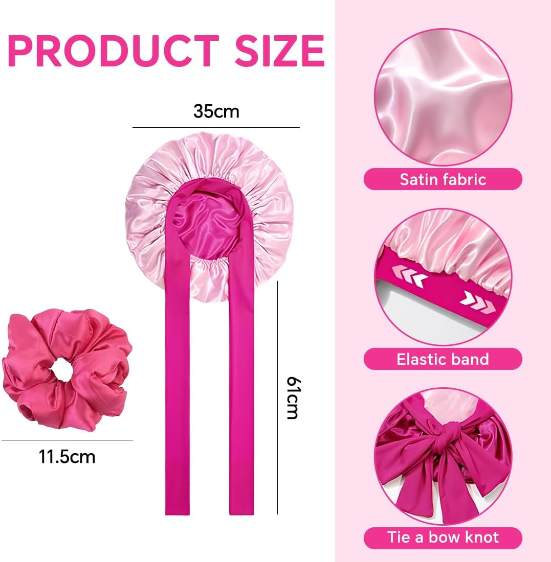 GGUFAY Double Sided Satin Hair Cap with Adjustable Tie Strap + Scrunchie Set, Hair Protection for Curls, Silk Bonnet for Sleeping, Gift for Women and Girls, Pink/Rose Red image number 1