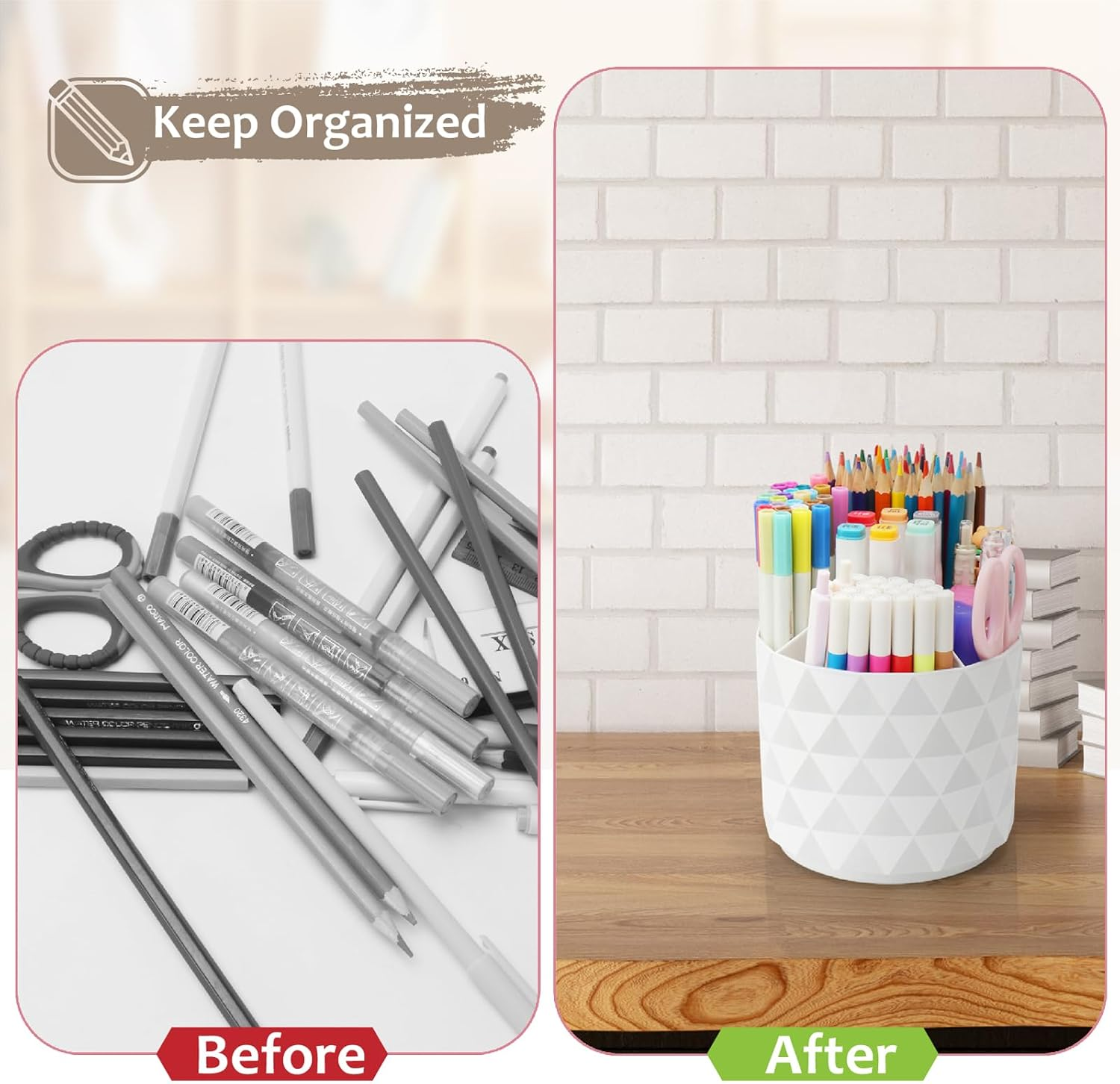 Nuozme Desk Organizer, 360-Degree Rotating Pencil Pen Holders for Desk, Diamond Pattern Pen Organizer with 5 Compartments, Cute Desk Accessories Decor for Office, School,Home,Art Supply (Pink) image number 4