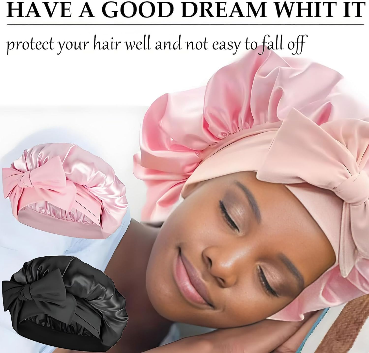 2 Pcs Satin Sleep Cap, Silk Bonnet with Tie Band, Adjustable, Black+Pink