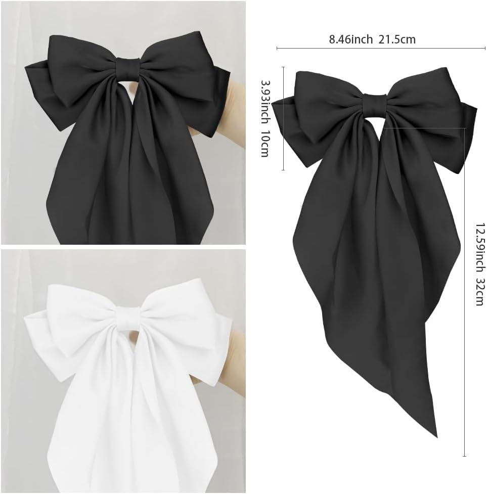 Elegant Large Bow Hair Clips,2Pcs Stylish Black and White Satin Ribbon Bows with Long Tails for Women,Bowknot Hair Clip Barrettes,Accessories for Birthday,Wedding,Holidays,Ribbons for Girls and Women image number 1