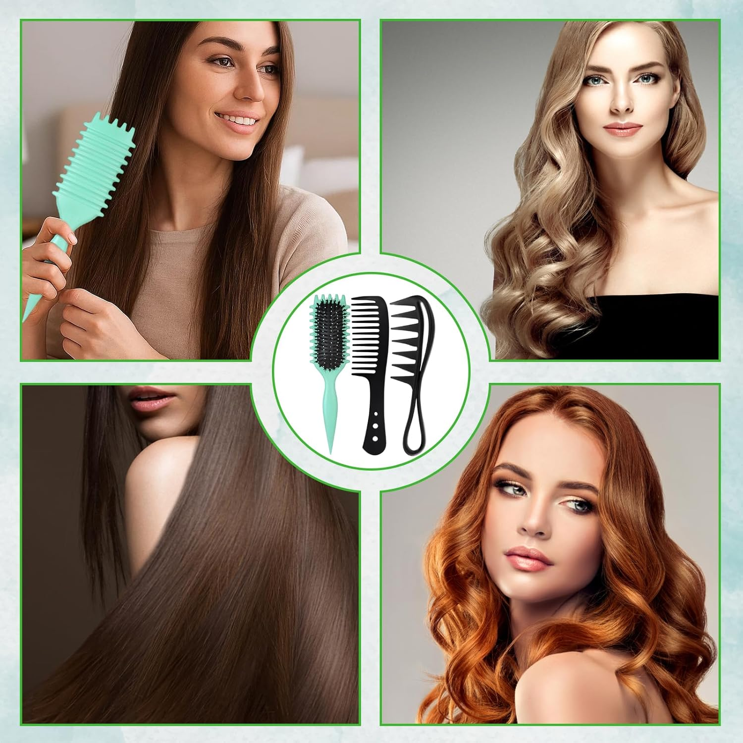 Pack of 3 Curling Brush, Hair Brush Curls, Green Curling Brush, Black Coarse Comb, Herringbone Comb, Ideal for Curls and Waves, Daily Styling and Travel image number 2