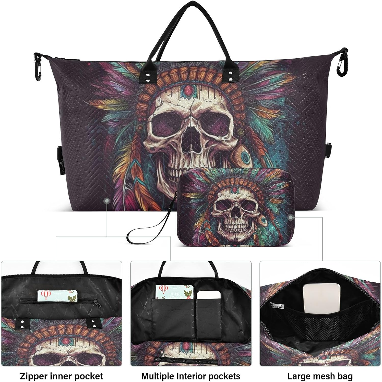 WOIWB Duffel Bag Set with Toiletry Bag for Travel Gym Sport, Luggage Sleeve Weekender Bag Carry on Overnight Bag-Skull with Feathers Print, Multicolor, 20.5 X 7.9 X 13.8 Inches+9.1 X 3.5 X 5.9 Inches image number 5