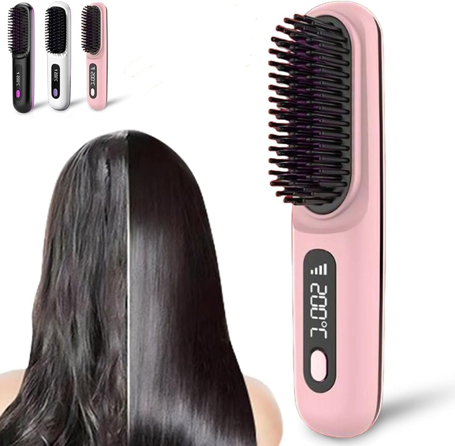 2025 New Cordless Hair Straightener Brush, 2 in 1 Portable Straightener Brush with LED Screen, Rechargeable Hair Heated Brushes for All Hair Type (Pink)