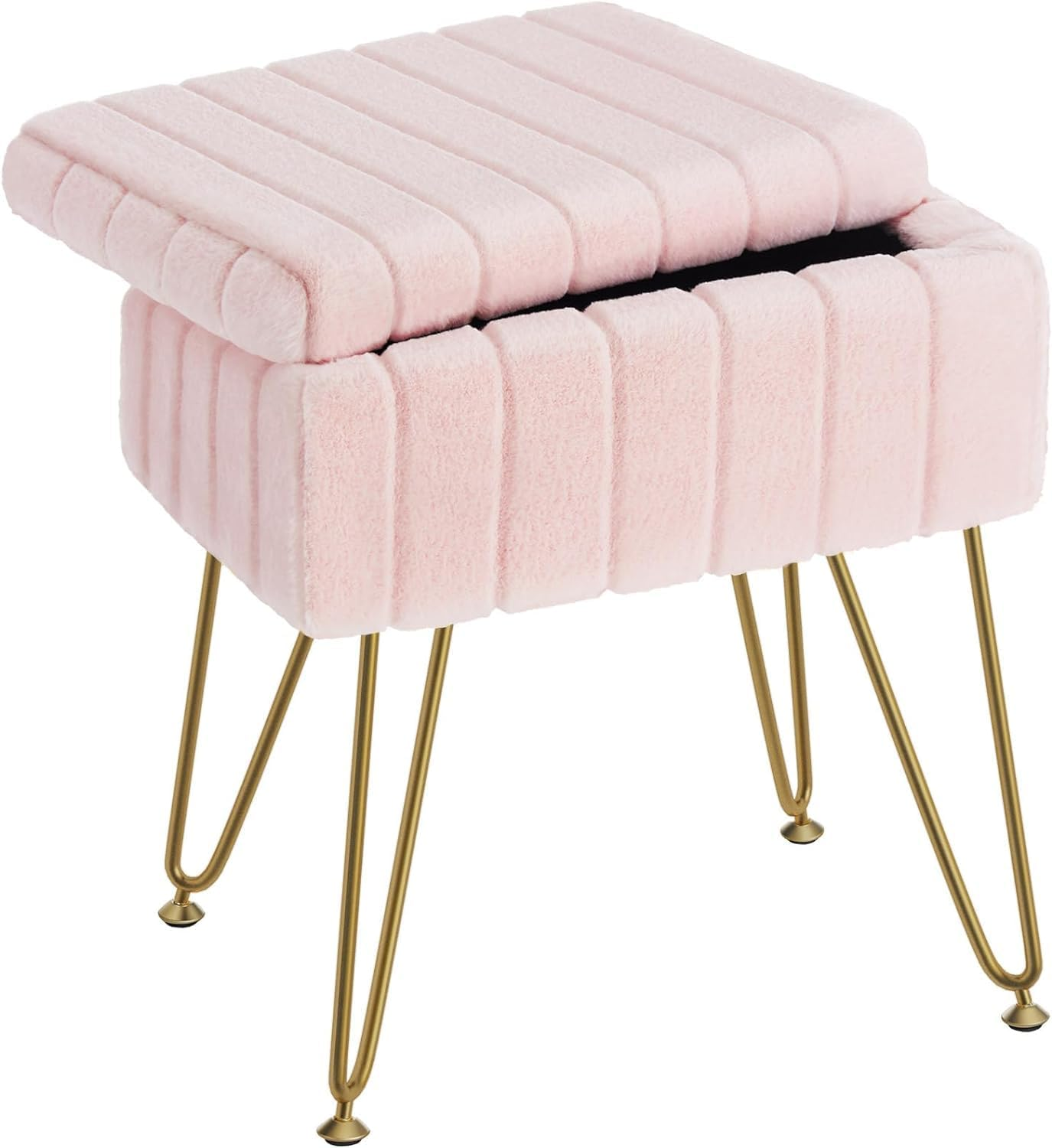 Homodoskey Vanity Stool Chair with Storage, Faux Fur Makeup Chair for Vanity, 15.7"L X 11.8"W X 19.4"H Soft Ottoman 4 Metal Legs with Anti-Slip Feet, Modern Multifunctional Chairs for Bedroom (Pink)