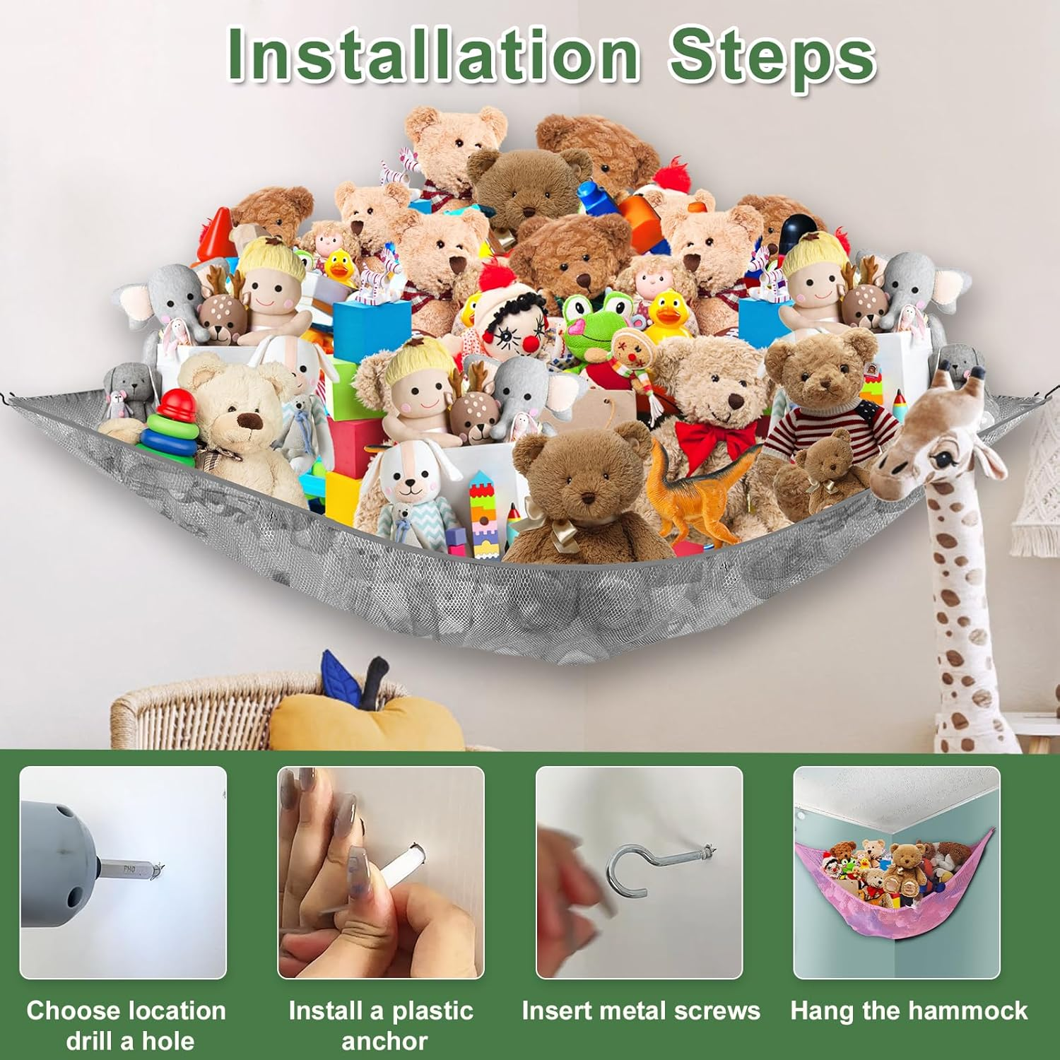 VERONLY 2 Pack Stuffed Animal Toy Storage Net Hammock Corner, Large Kids Toy Holder Hanging Organiser Net for Teddy Bear, Doll, Kids Bedroom, Playroom, Nursery Room (Grey) - Pink image number 3