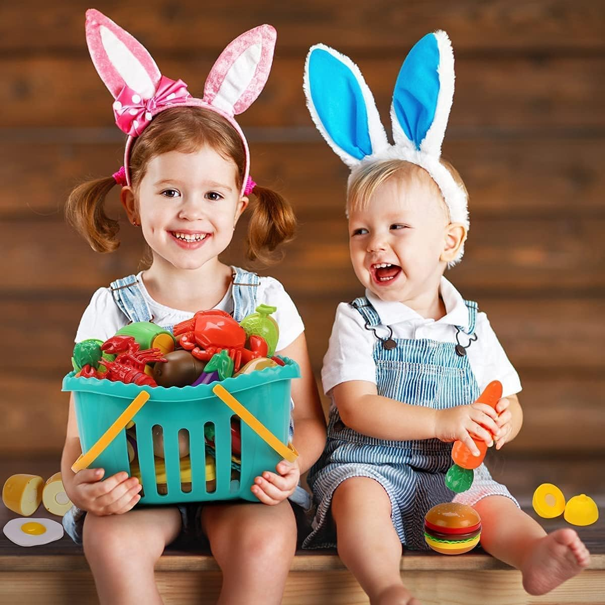 Kaekid Cutting Play Food Toys for Kids Kitchen, Pretend Role Play Toys with Basket, Preschool Educational Toy for Toddlers Boys Girls