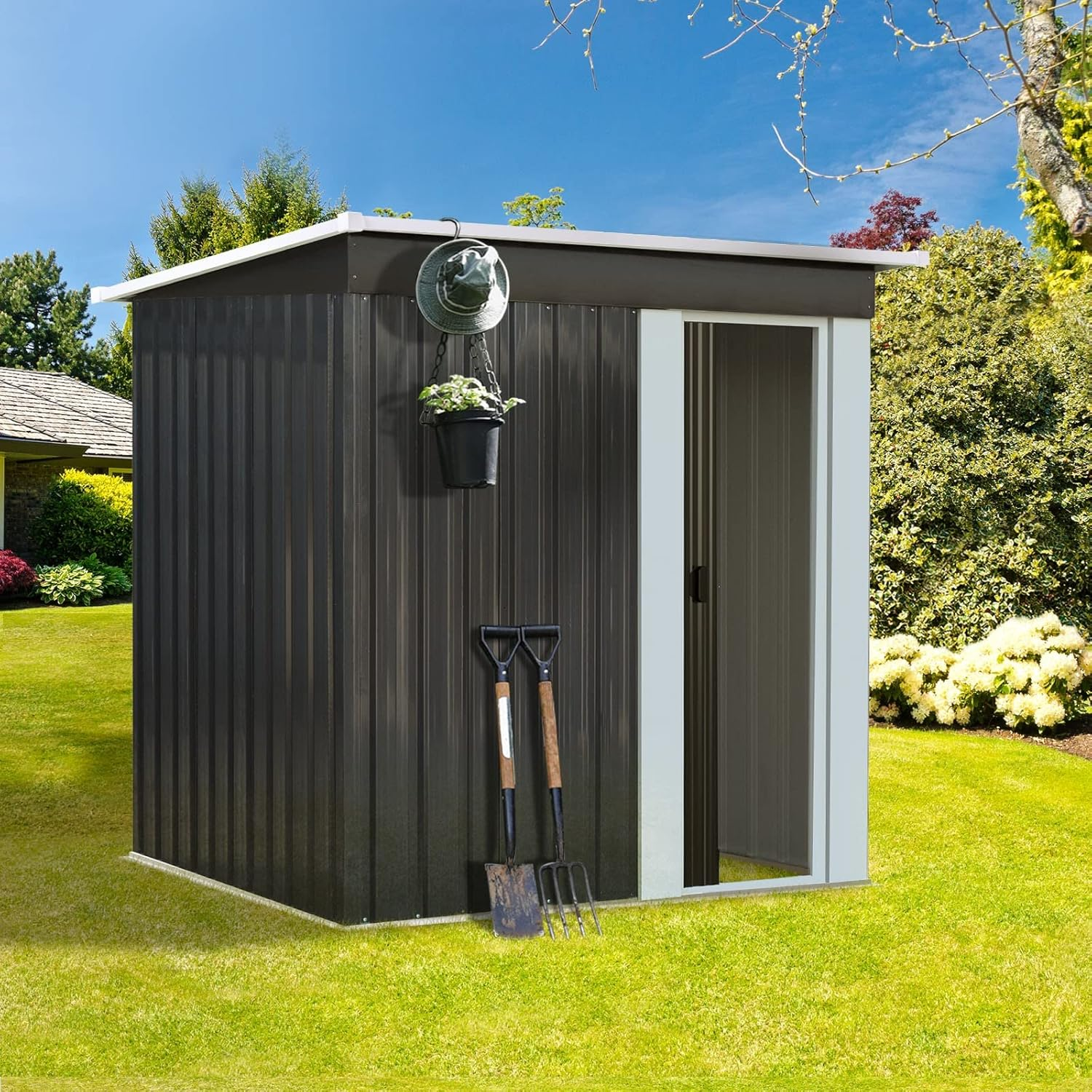 LI LIVSIP Garden Shed - Galvanised Steel Outdoor Storage Shed with Single Slope Roof Sliding Door, Gardening Tools Bikes Storage for Patio Backyard, 162X86X181Cm image number 6