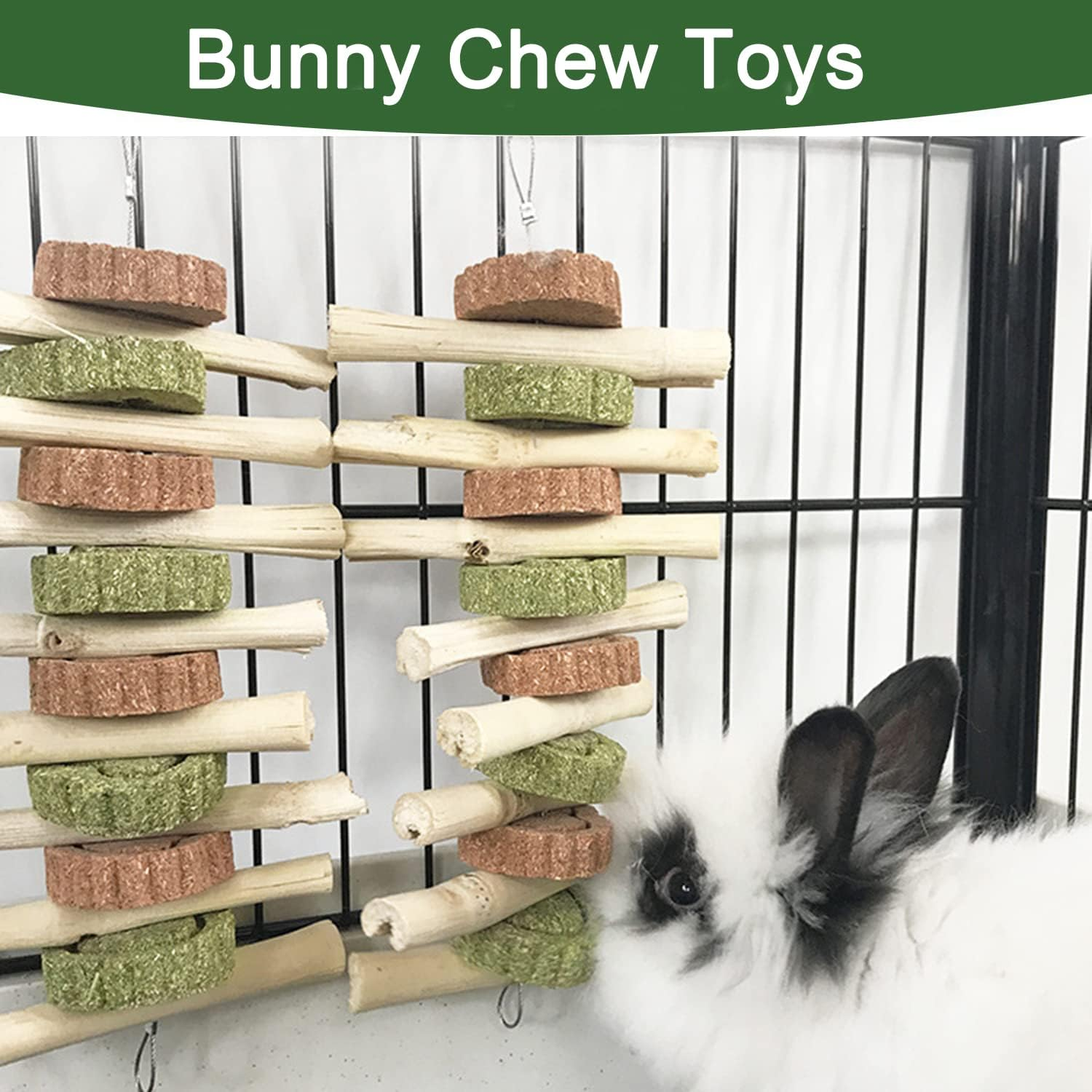 AMOMYDOG Rabbit Accessories, Pack of 2 Natural Rabbit Chew Toy, Cute Bamboo with Natural Grass Cake, Carrot Molar Toy for Rabbits, Guinea Pigs, Hamsters, Small Animals (Grass Cake) image number 3