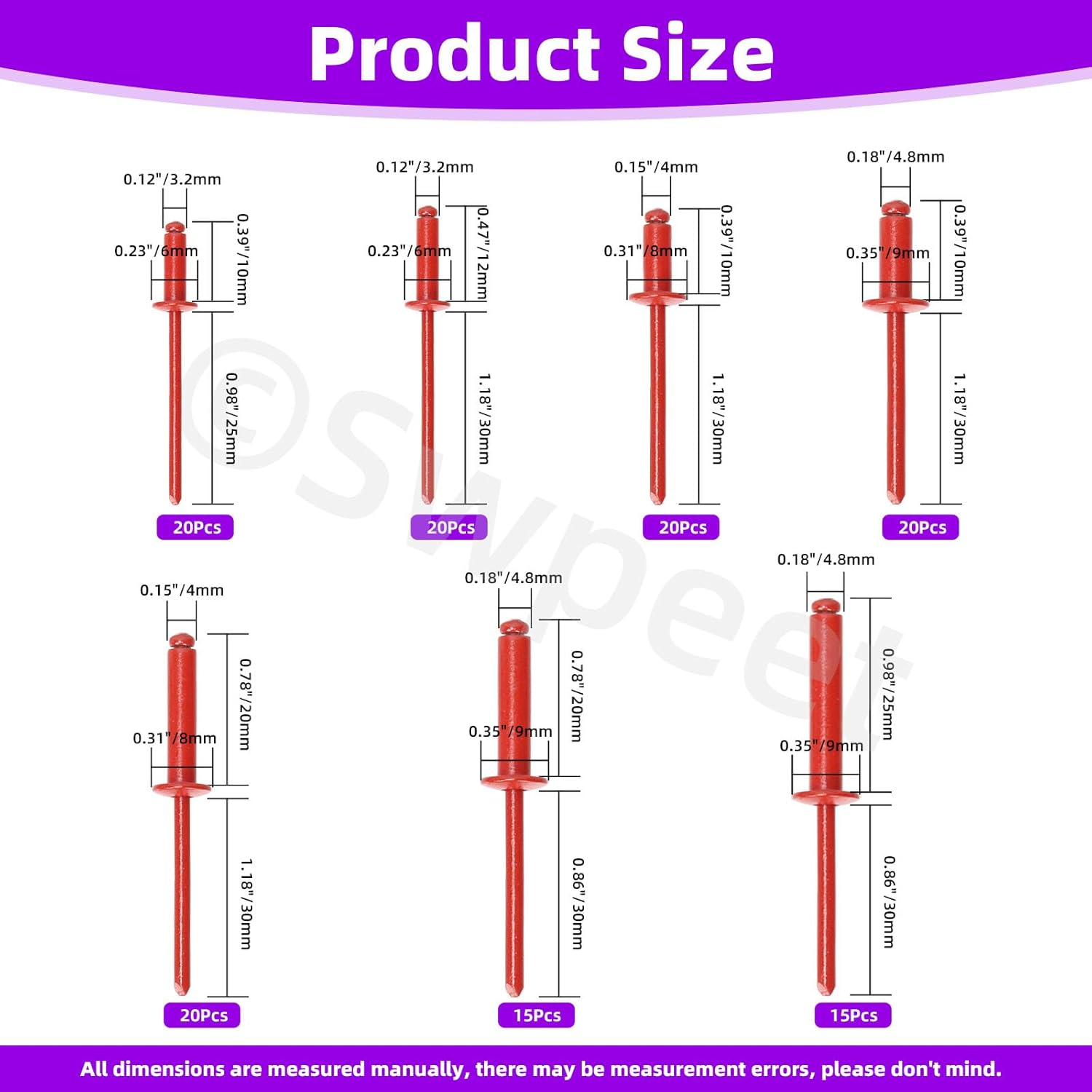 Swpeet 130Pcs 7 Sizes Red Large Flange Aluminum Blind Rivets Assortment Kit, Blind Pop Rivets Aluminum Grip and Steel Mandrel Blind Rivets for Metal, Furniture, Automotive - Red image number 2
