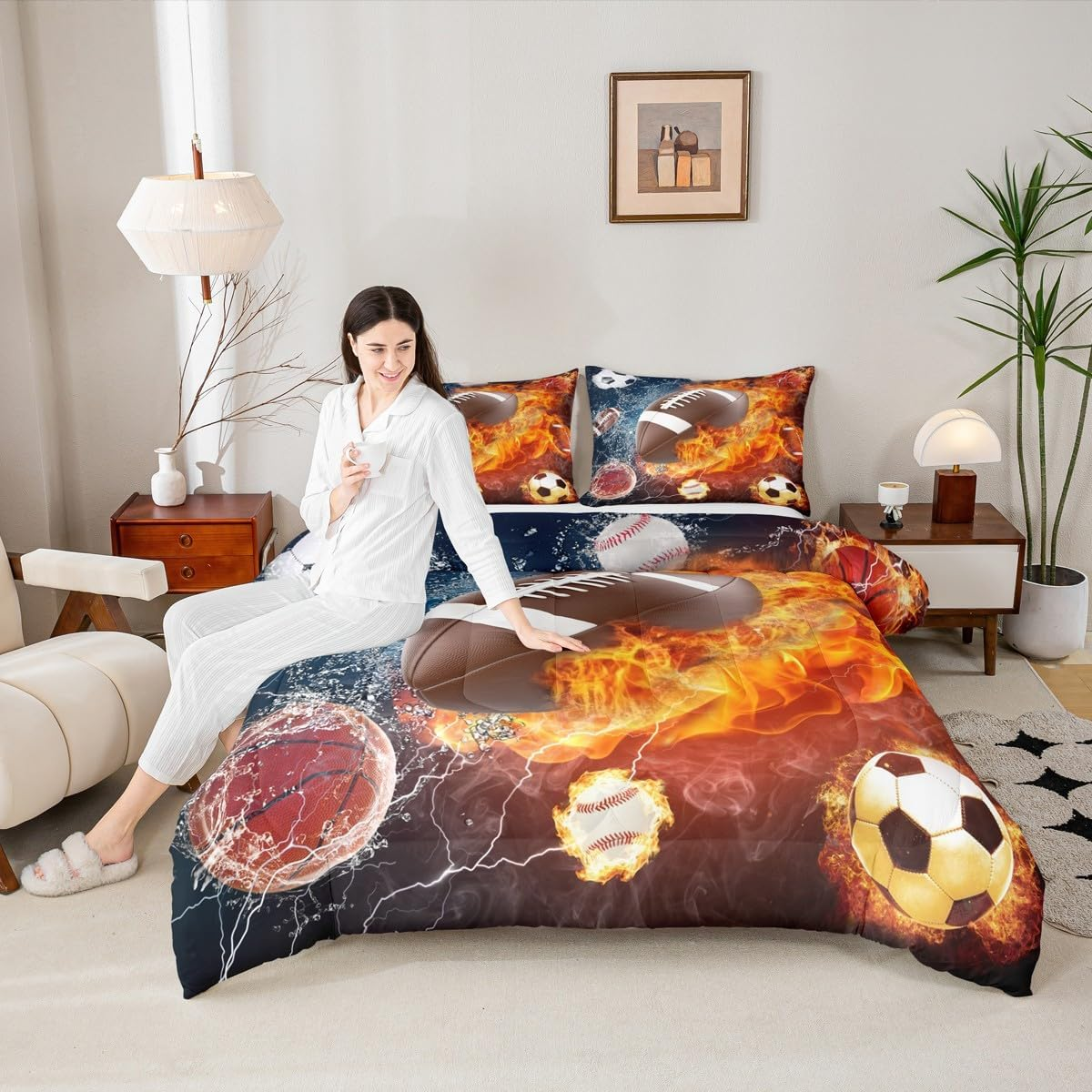 Erosebridal Football Comforter Set Queen Rugby Sports Bedding for Teen Boys Kids,Soccer Basketball Baseball Red Blue Water Fire Lightning Quilt Duvet Insert Bedroom Decor 2 Pillow Cases Cmhs457 image number 1