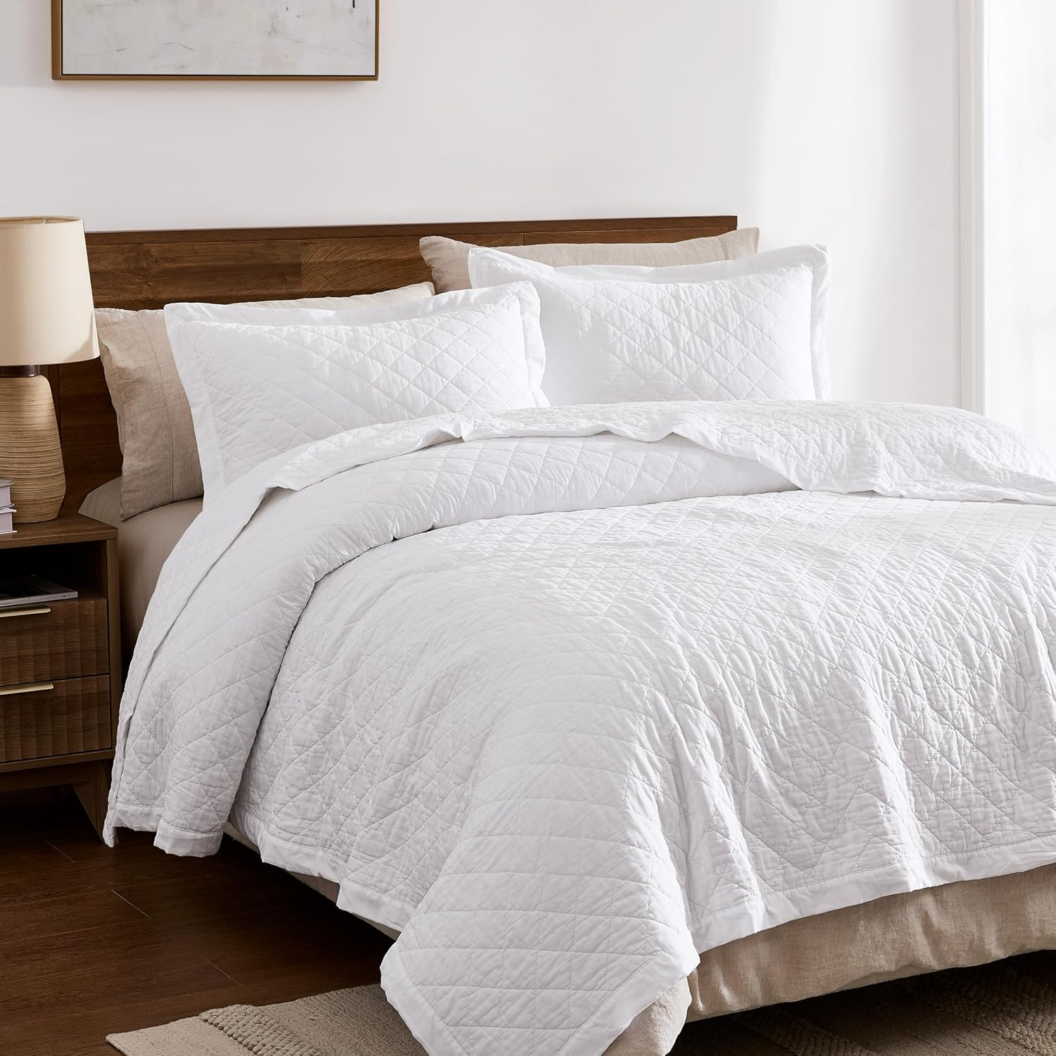 WDCOZY 100% Pre-Washed Cotton Oversized King Size Quilt Set - White California Cal King Soft Lightweight Bedspread, Textured like Linen, Farmhouse Country Rustic Coverlet, Diamond Stitch Bedding image number 7
