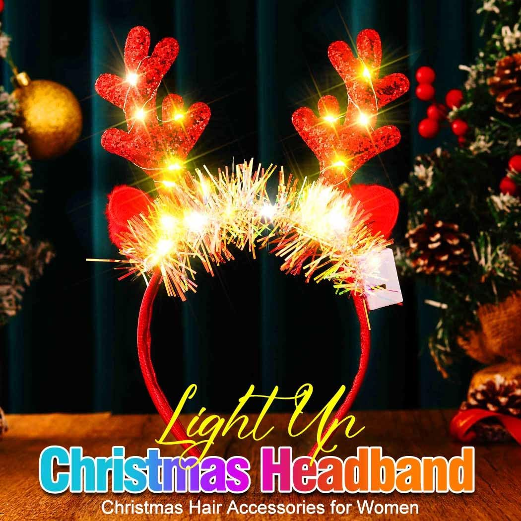 Fashband Christimas Headbands Deer Ears Headband Glitter Headpiece Hair Hoops for Adults Kids Christmas Party(Red) image number 1