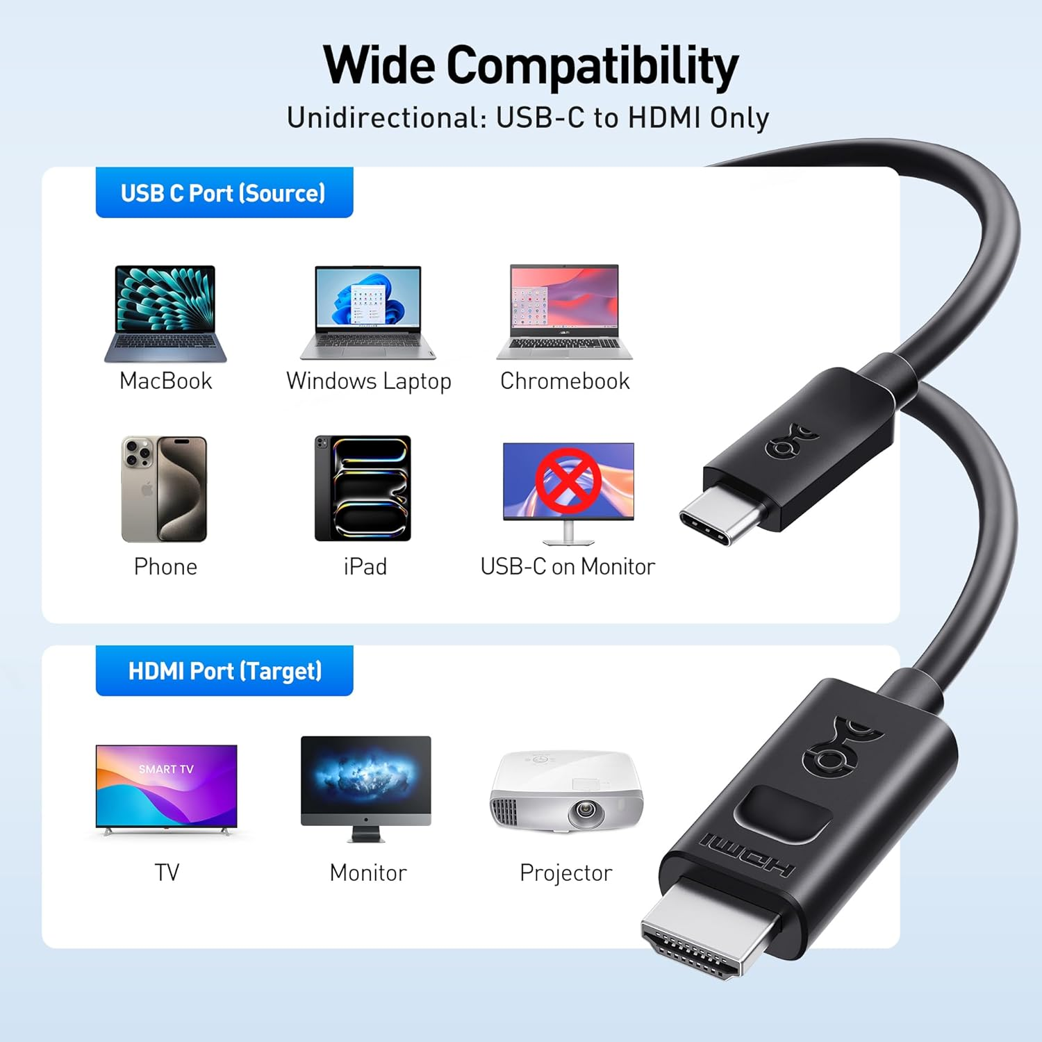 Cable Matters Unidirectional USB C to HDMI 2.1 Cable - 1.8M, Supports 4K 240Hz, 8K 60Hz, HDR - Thunderbolt 4 to HDMI Cable - Usb4/Thunderbolt 5 Compatible with Macbook Pro, XPS - Max 4K@60Hz on Macos