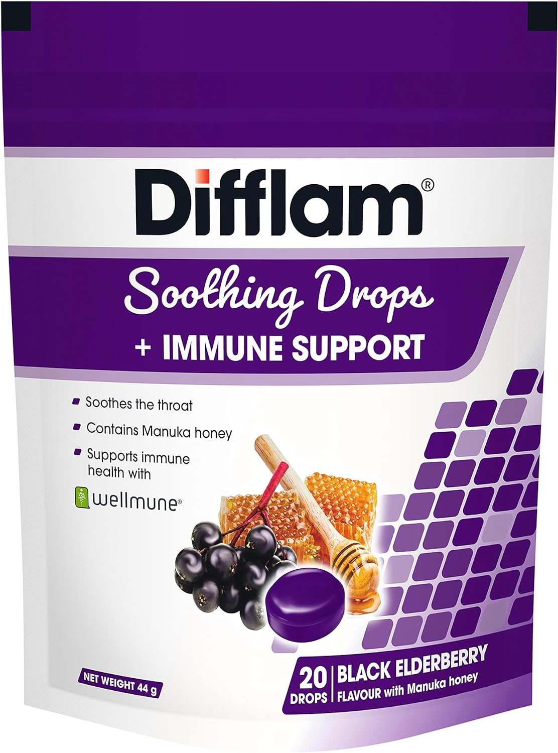 Difflam Soothing Drops + Immune Support 20 Pieces Pack, Black Elderberry image number 1